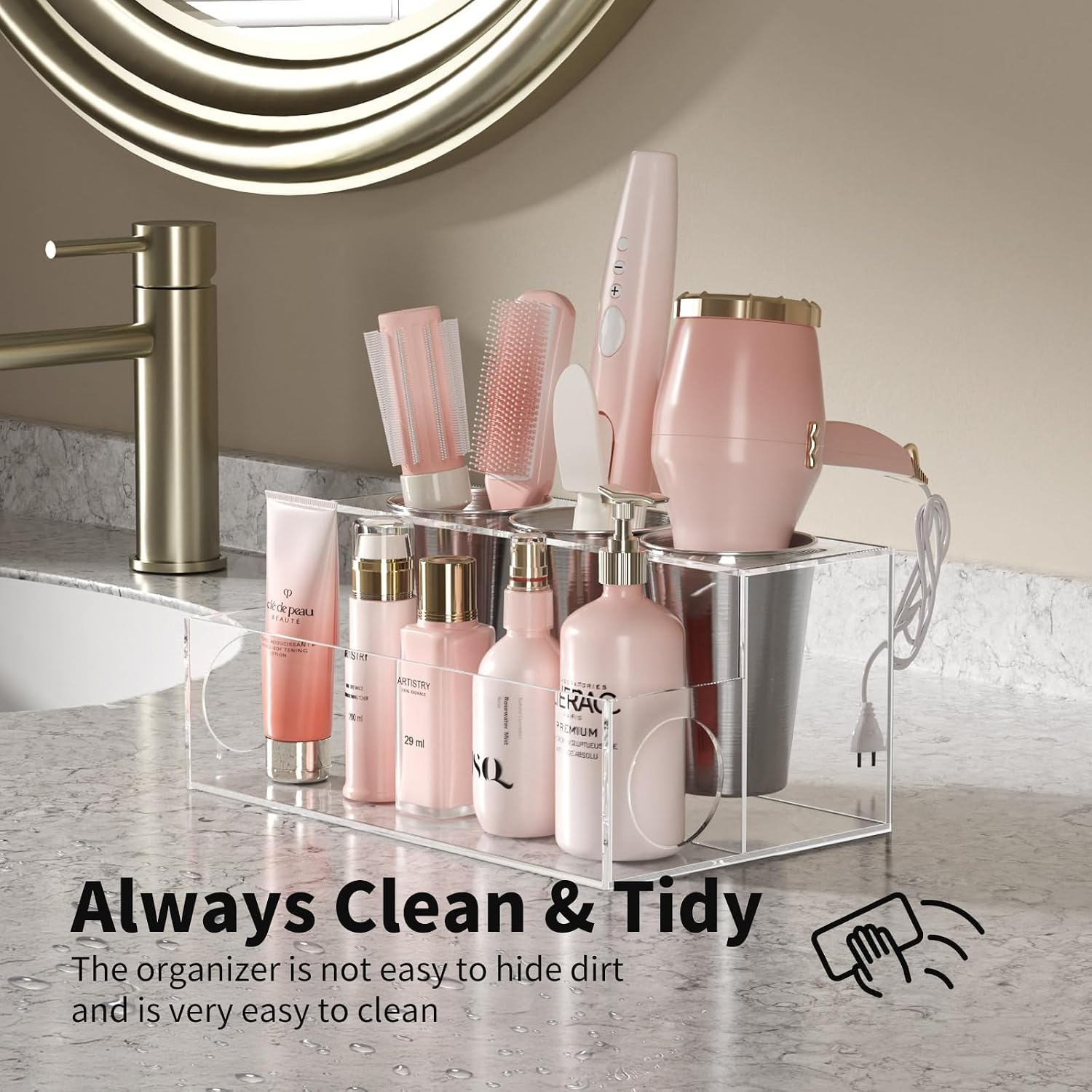 NIUBEE Acrylic Hair Tool Organizer,Hair Dryer Holder Countertop with 3 Cups | Clear, Hot Tools Organizer, Hair Blow