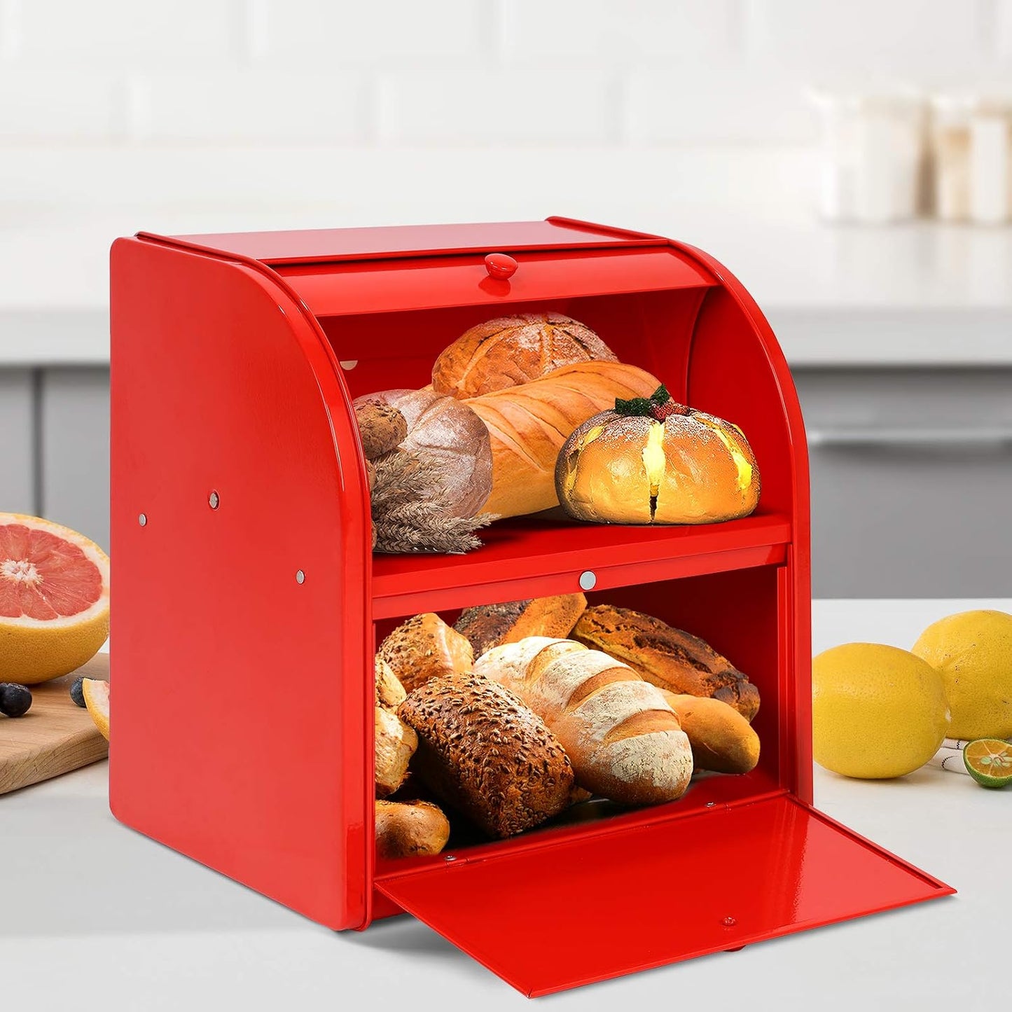 Bread Box, Metal Bread Box for Kitchen Countertop, 2 Layer Roll Top Bread Boxes, Stainless Steel Bread Storage, Kitchen