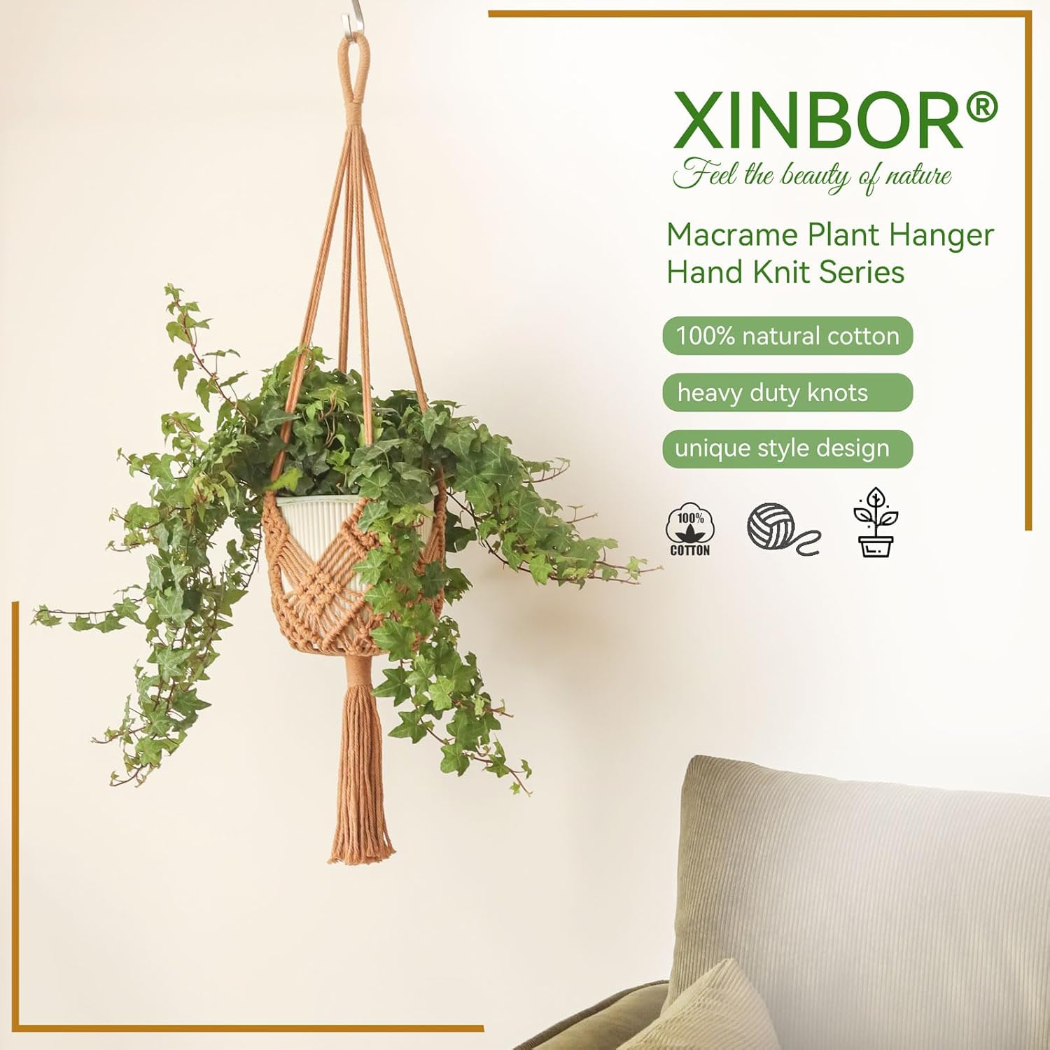 2Packs Macrame Plant Hangers Indoor Macrame for up to Pot Crochet Boho Plant / Caramel / 8 Inch
