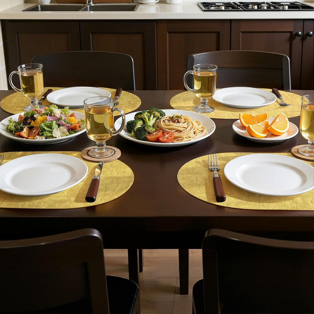 Placemats Set of 6, 11.8 x 17 Inch, Yellow | Heat Resistant Oval Faux Leather Place Mats, Waterproof Wipeable
