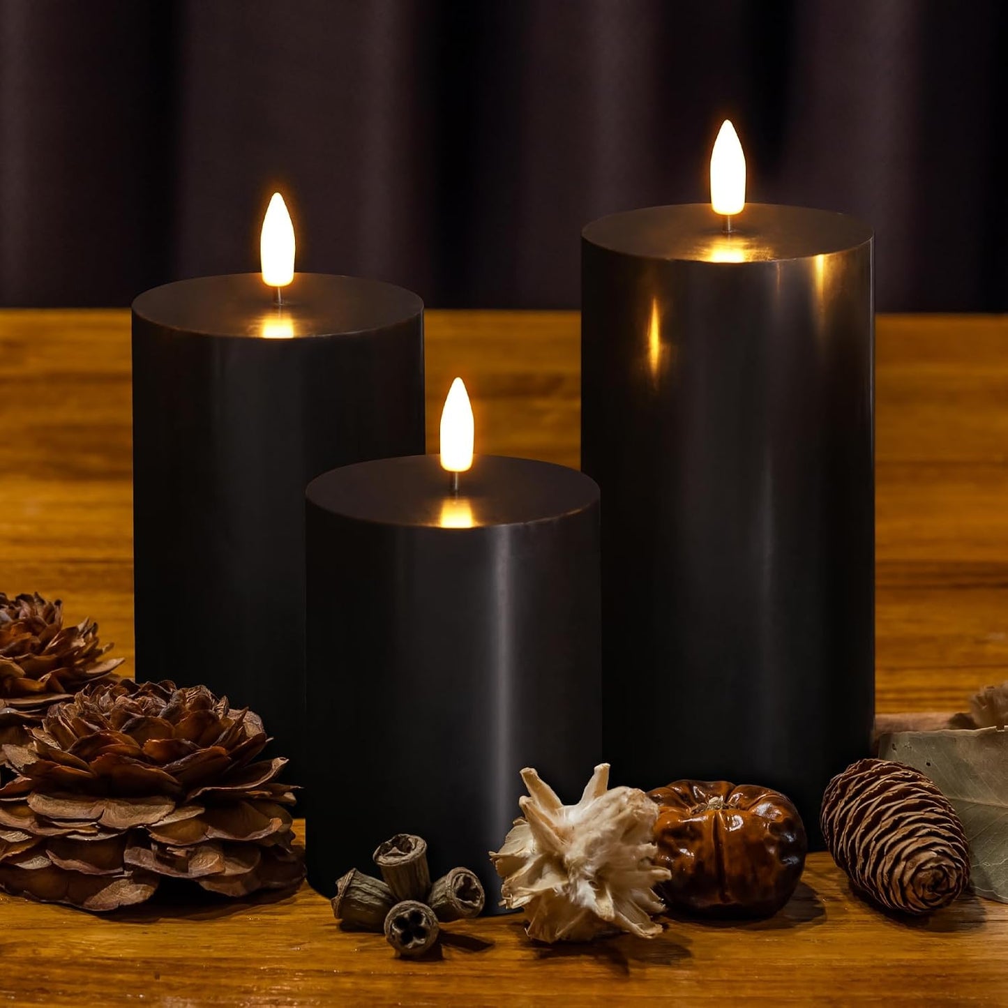 Black Halloween Flameless Pillar Candles with Remote Set of 3 | Flickering LED Candles, 2 AA Battery Power, Flat Top