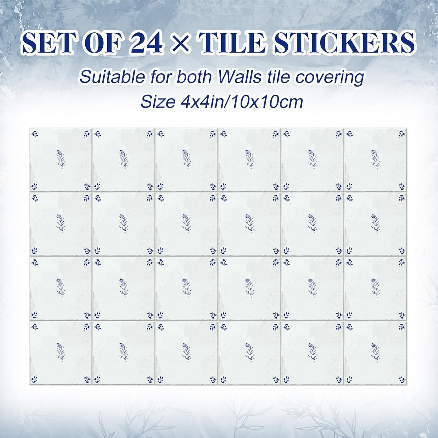 Delft White Flower Tile Stickers Vintage Flower Peel / Delft Flower / Blue / 4 x 4 / Set of 24