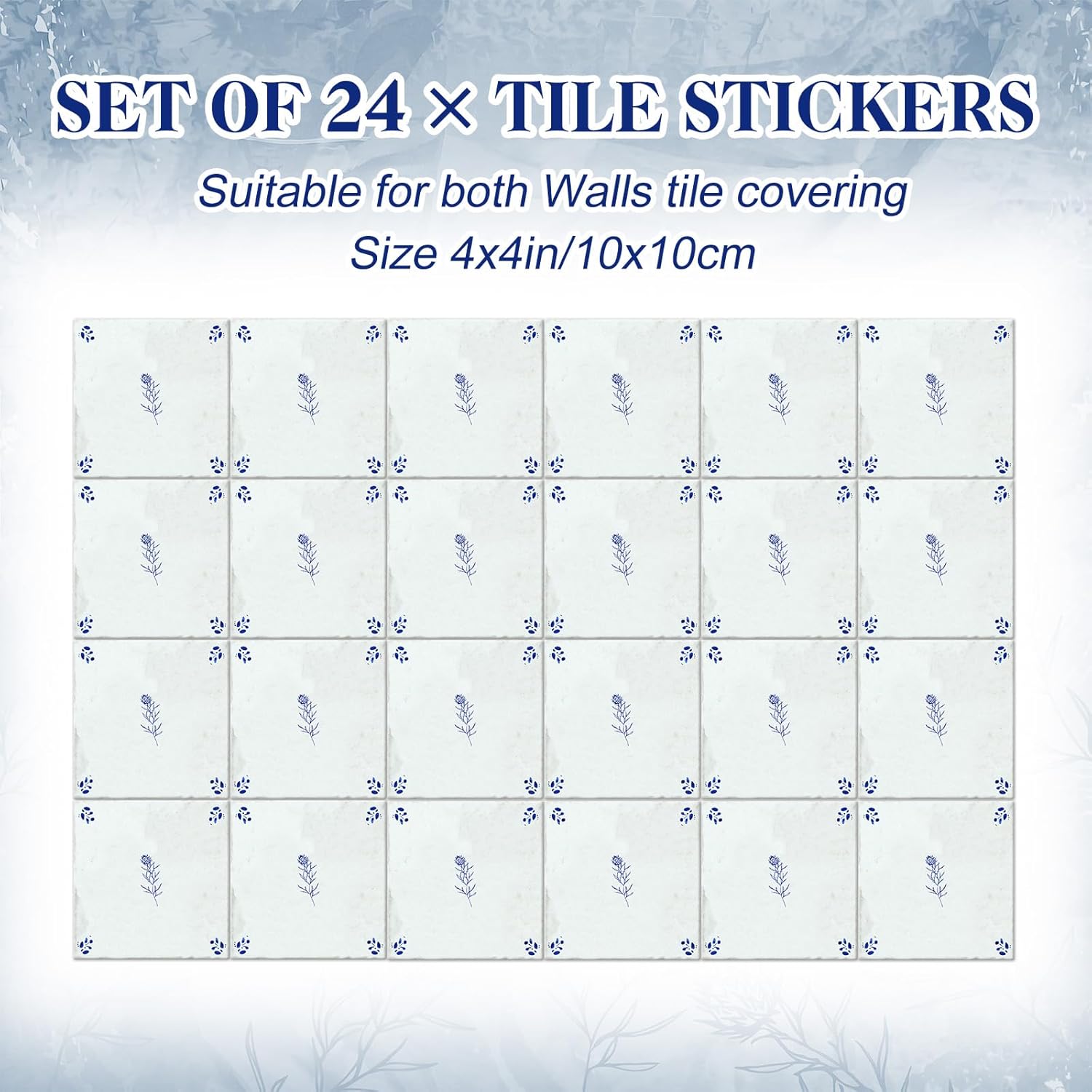 Delft White Flower Tile Stickers Vintage Flower Peel / Delft Flower / Blue / 4 x 4 / Set of 24