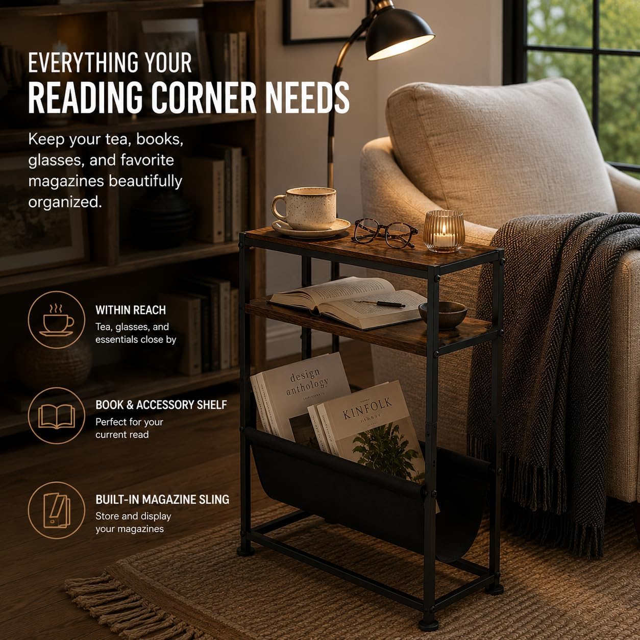 Narrow End Table with Magazine Rack, 2-Tier Slim Side Table for Small Spaces, Industrial Nightstand with Storage Sling