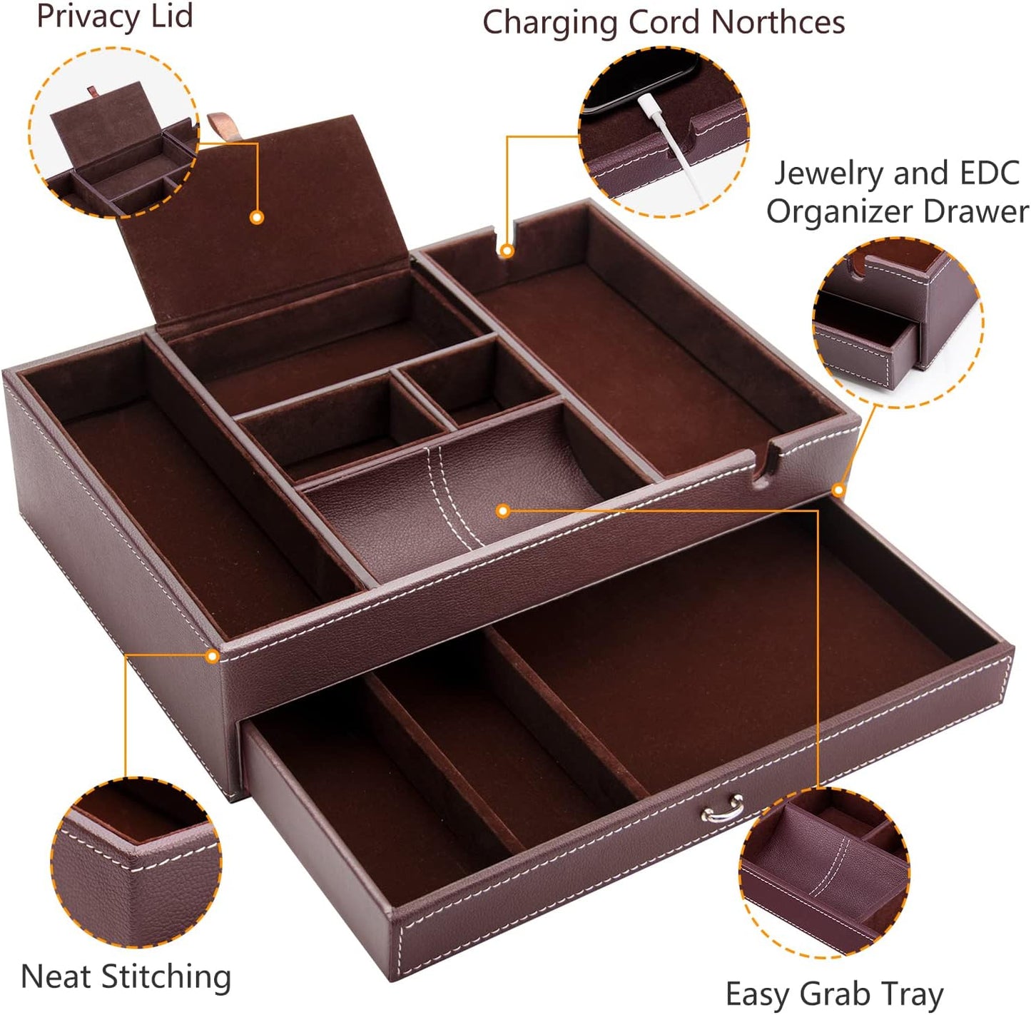 Baoyun Valet Tray for Men, 2 Layers Nightstand Organizers for Men and Women, Leather Jewelry Storage Box, Mens Dresser