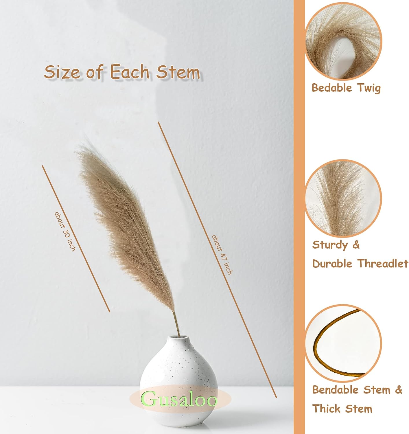 Artificial Faux Pampas Grass Large / Lightbrown / 120cm / / Set of 3