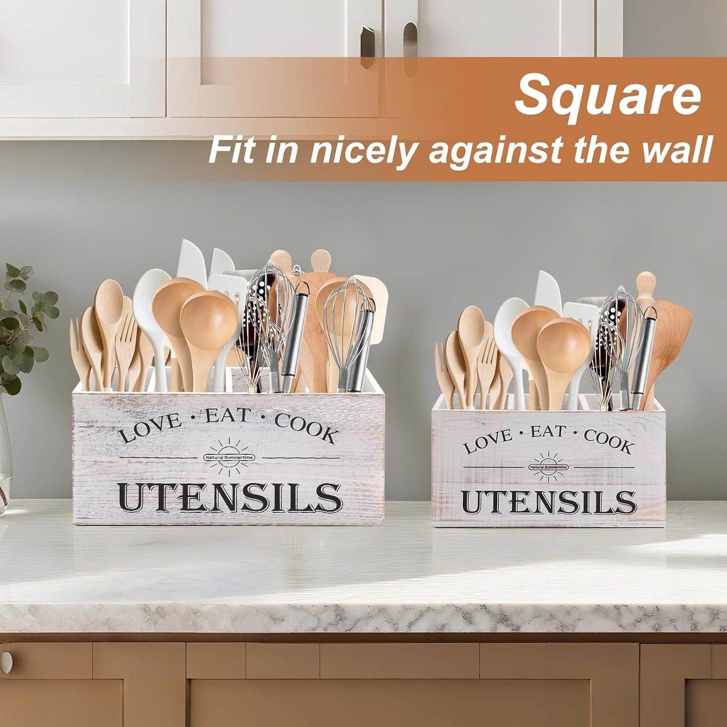2 PC Wooden Utensil Holder,（With 4-Compartments size*1 + 3-Compartments size*1） Extra Large Kitchen Counter,Cooking