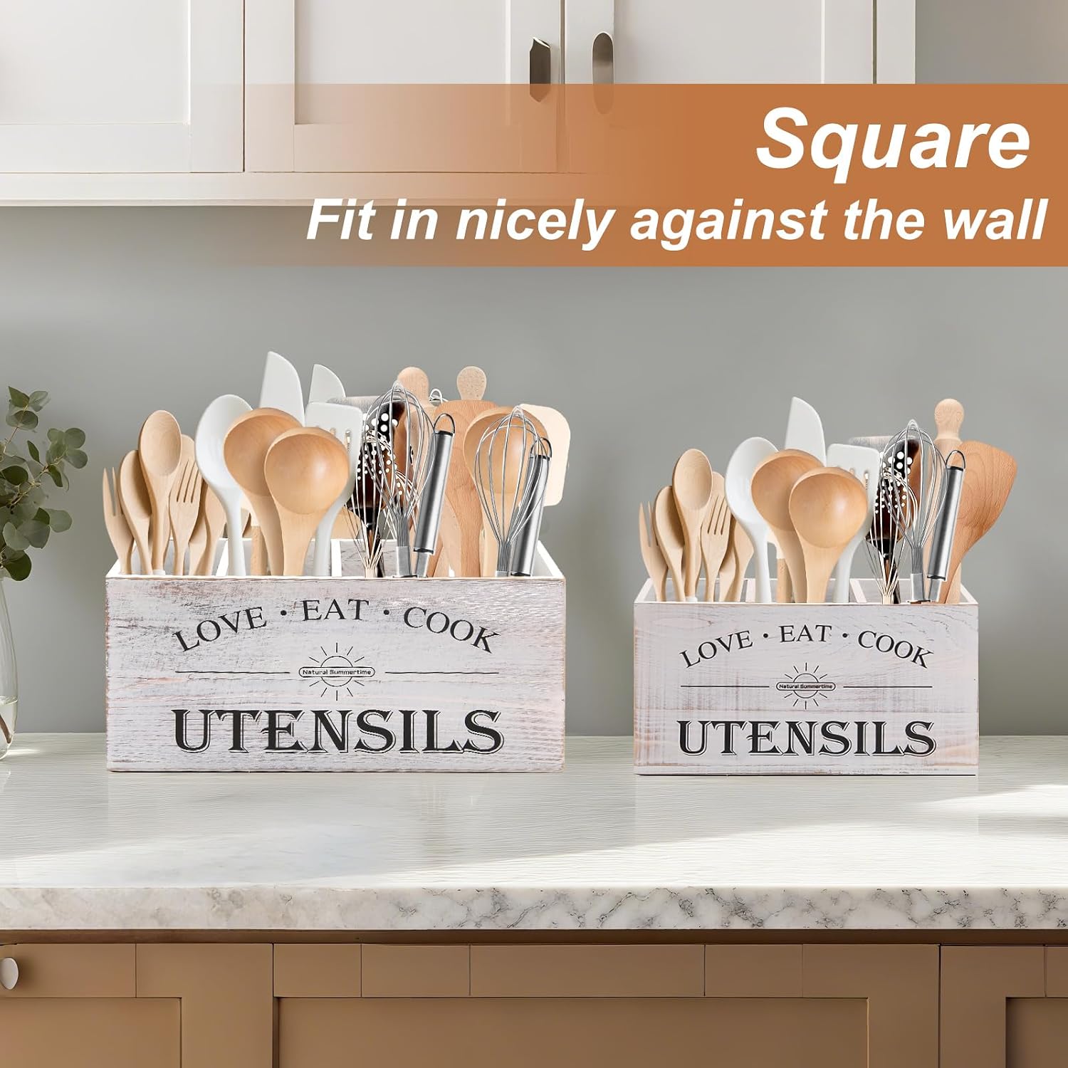 2 PC Wooden Utensil Holder,（With 4-Compartments size*1 + 3-Compartments size*1） Extra Large Kitchen Counter,Cooking