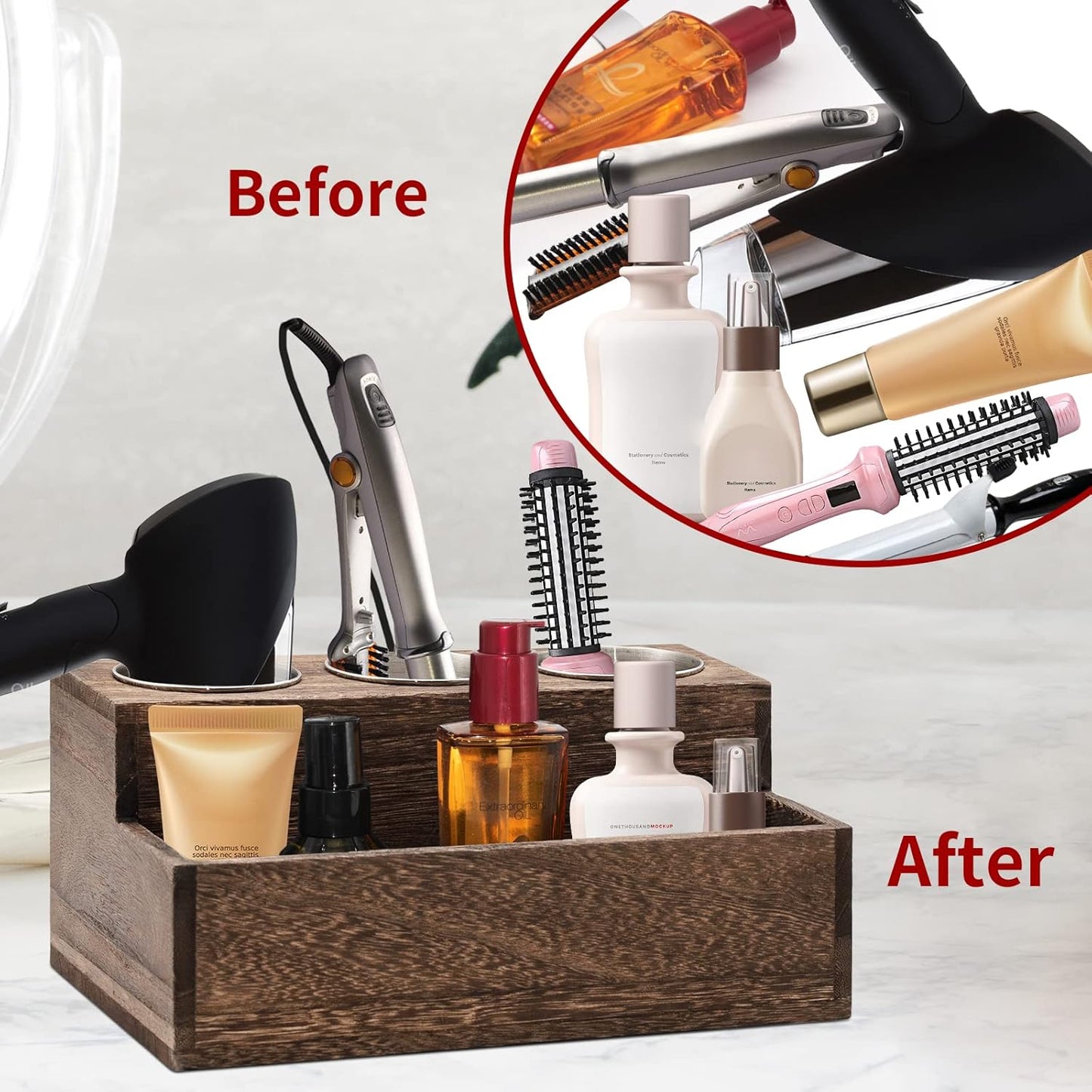 Wooden Hair Dryer Holder - Rustic Hair Tools Organizer with 3 Circular Holes and 1 Compartment, Wooden Hair Accessories