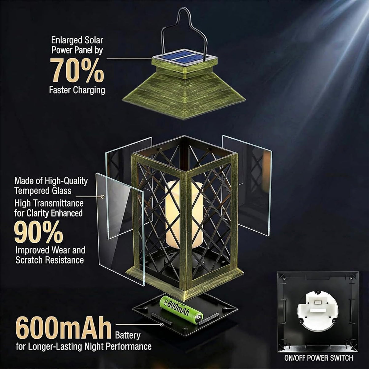 Outdoor Solar Lanterns 14'' Large Solar Lanterns Outdoor Waterproof, Bronze | Tempered Glass Outdoor Lanterns with