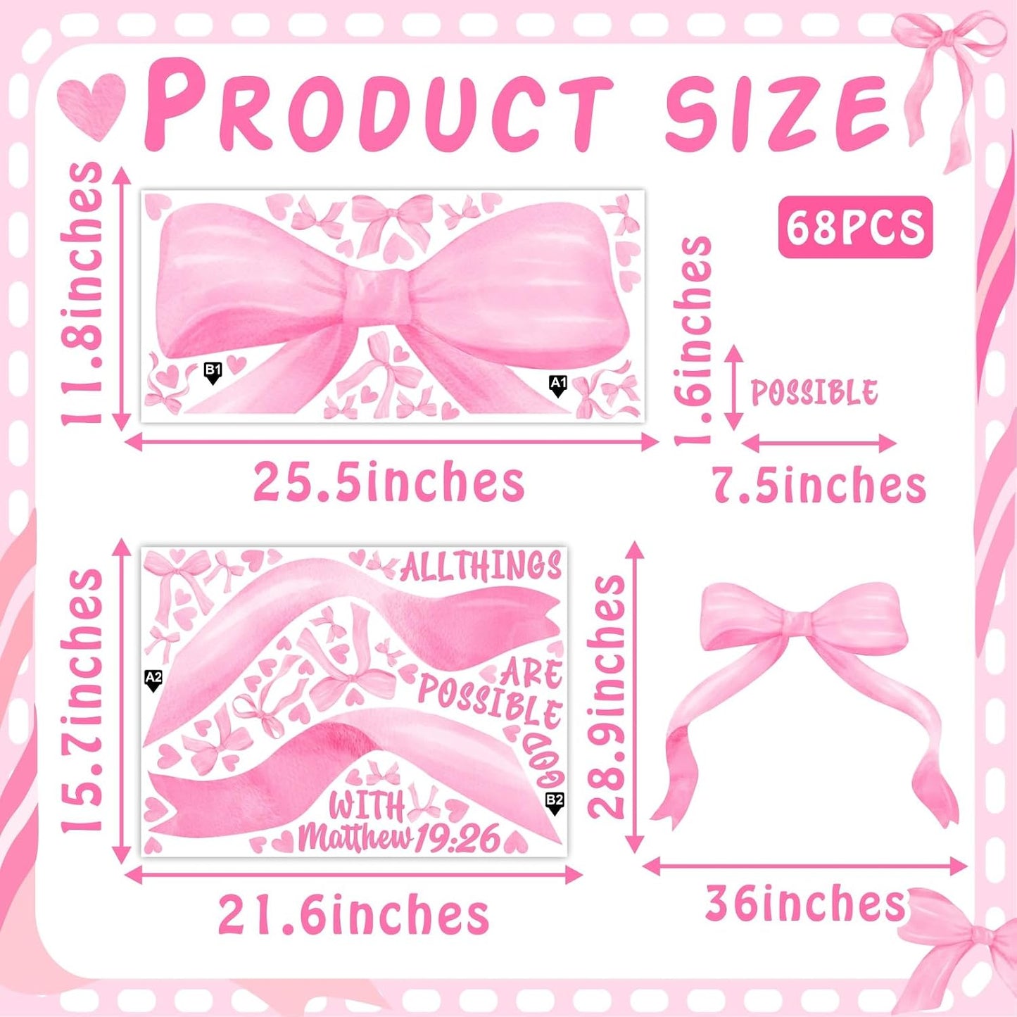 Large Watercolor Girls Room Wall Decals Pink Bow Wall Stickers Peel and Stick Pastel / Pink Bowtie