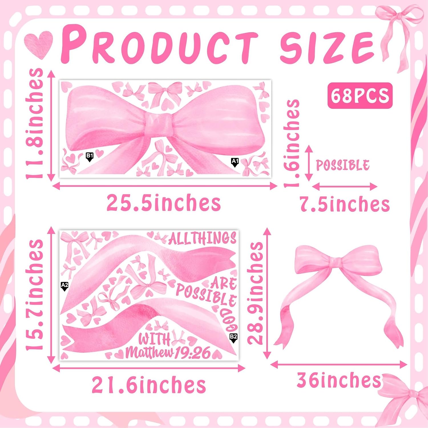 Large Watercolor Girls Room Wall Decals Pink Bow Wall Stickers Peel and Stick Pastel / Pink Bowtie