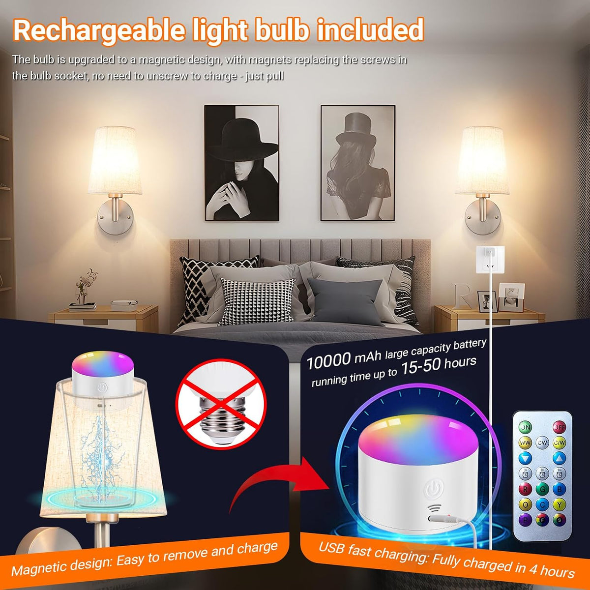 Wall Sconce Battery Operated Wall Light Fixure with Remote Control, Dimmable Battery Operated Wall Sconces Set Of Two