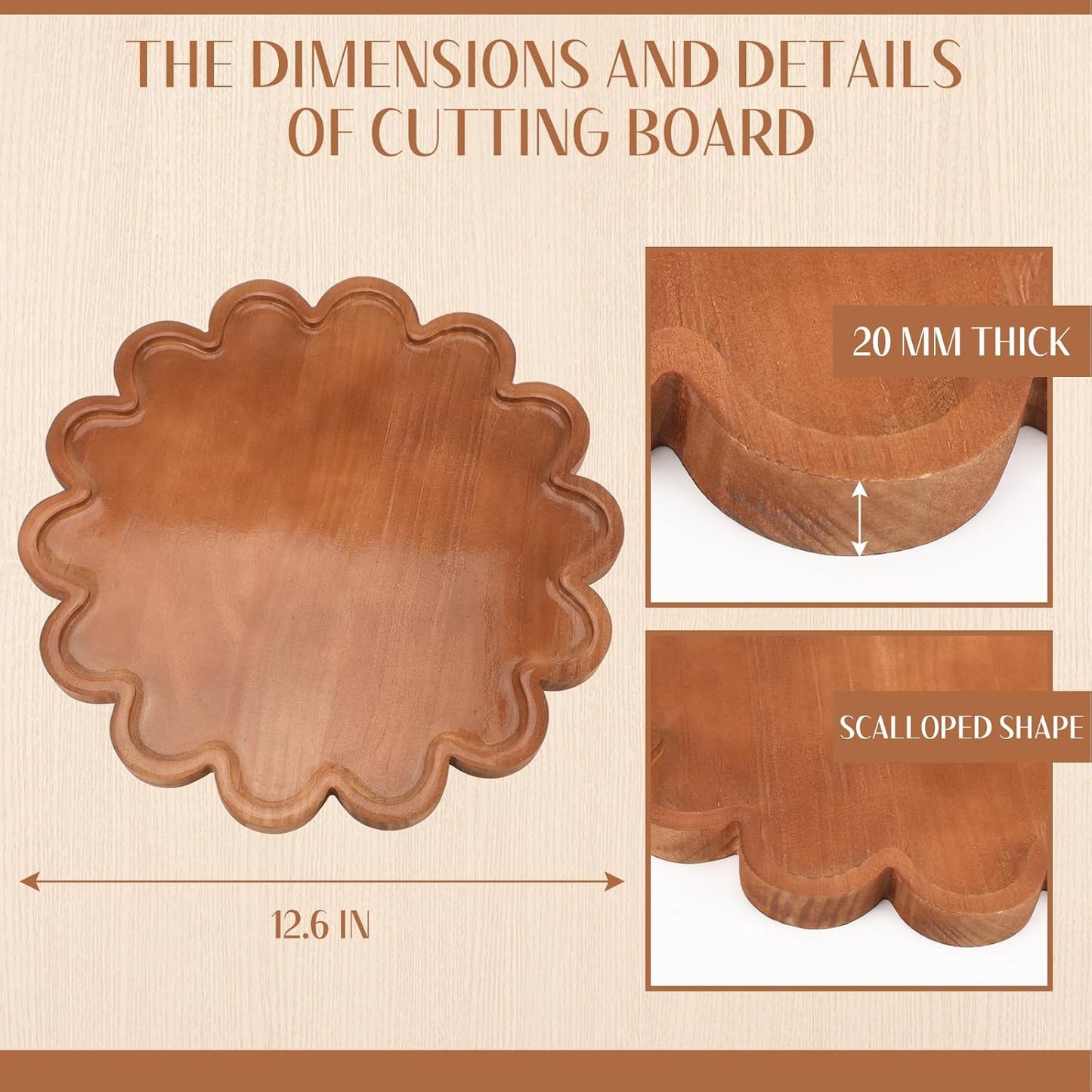 Decorative Serving Tray Wood Scalloped Serving Tray Round Wooden Display Plate / Brown / 12.6 Inch