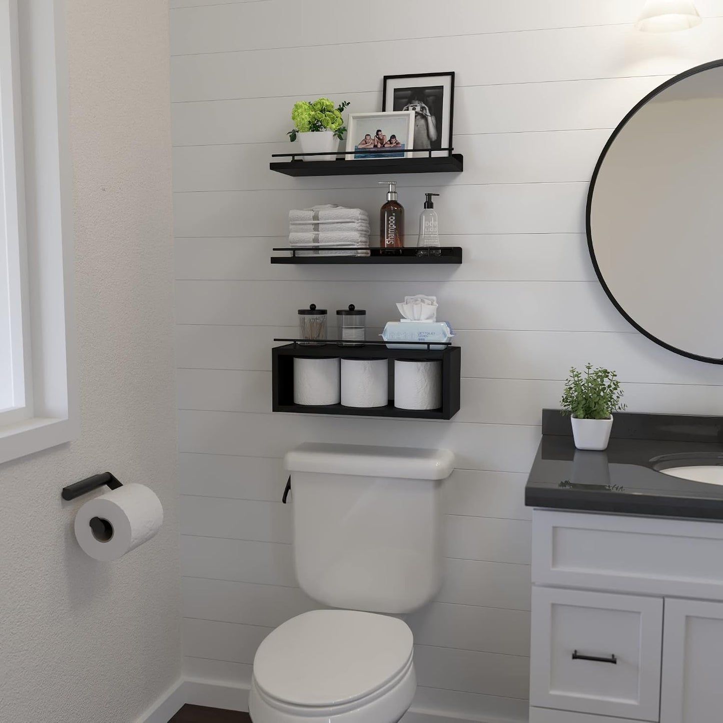 Floating Shelves for Wall with Cube Shelf, Wall Shelves with Metal Rail for Bathroom Decor, Bathroom Organizers and