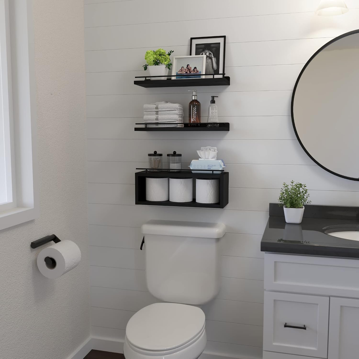 Floating Shelves for Wall with Cube Shelf, Wall Shelves with Metal Rail for Bathroom Decor, Bathroom Organizers and