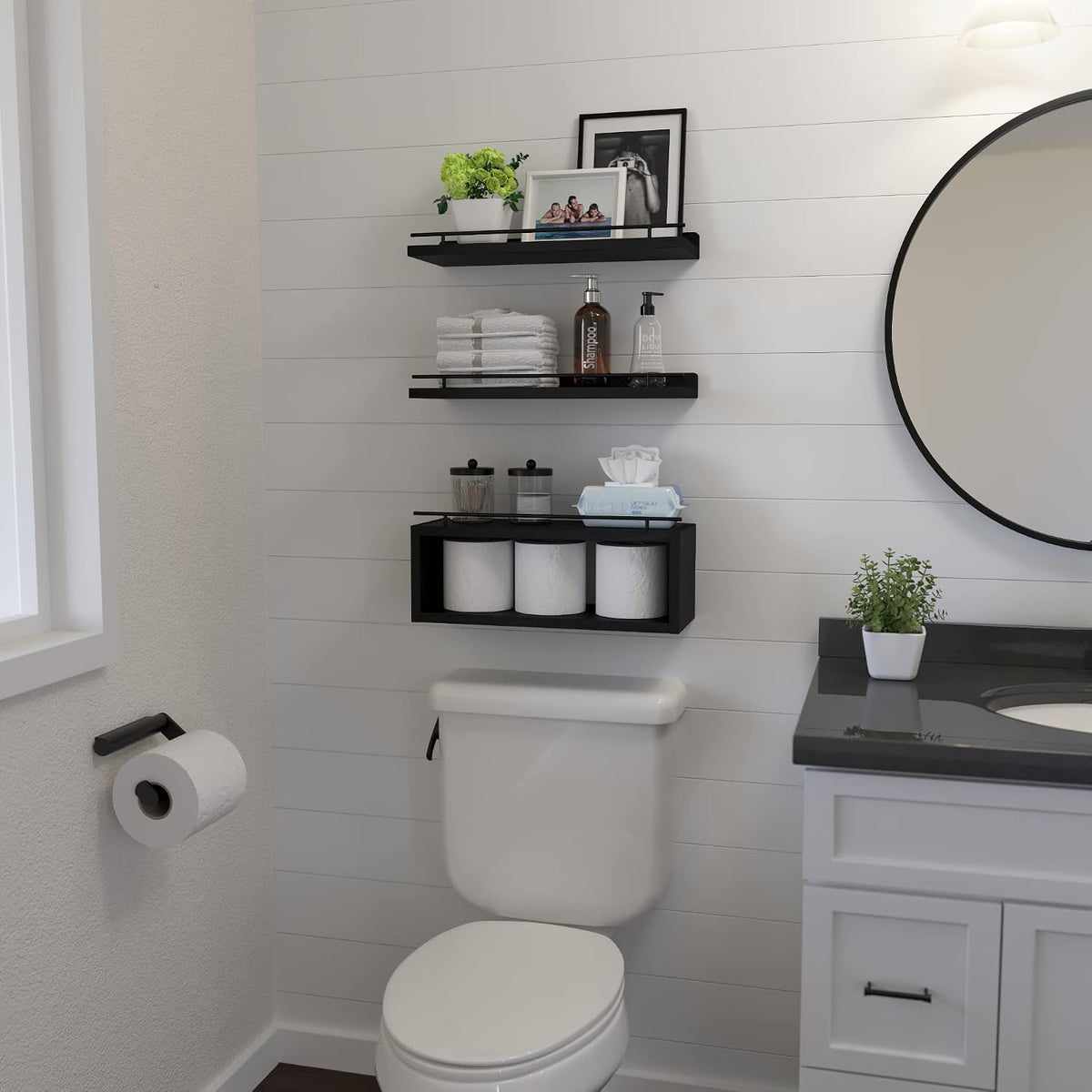 Floating Shelves for Wall with Cube Shelf, Wall Shelves with Metal Rail for Bathroom Decor, Bathroom Organizers and
