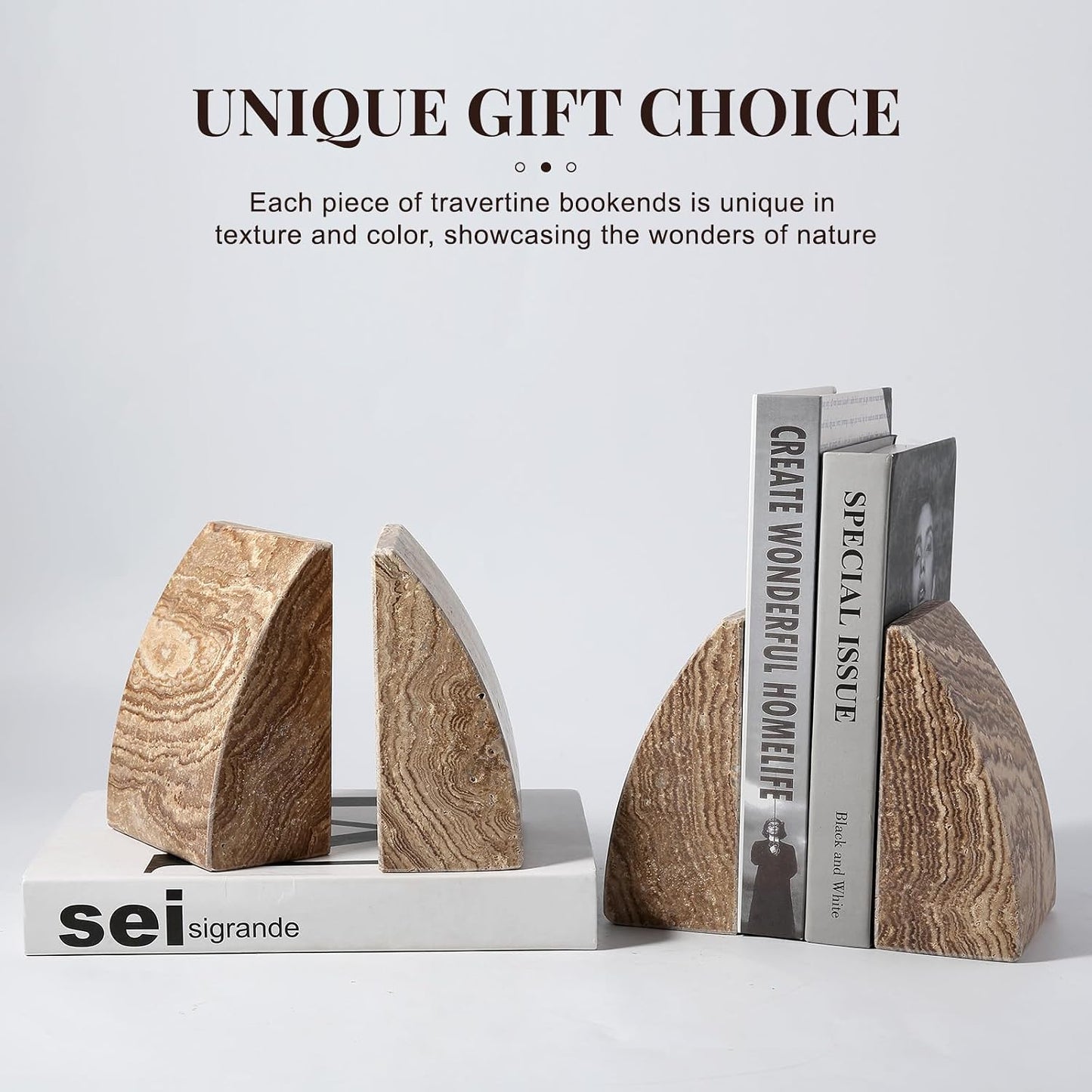 Travertine Bookends / Non-Slip Heavy Duty Book Stopper / Sail-brown Travertine