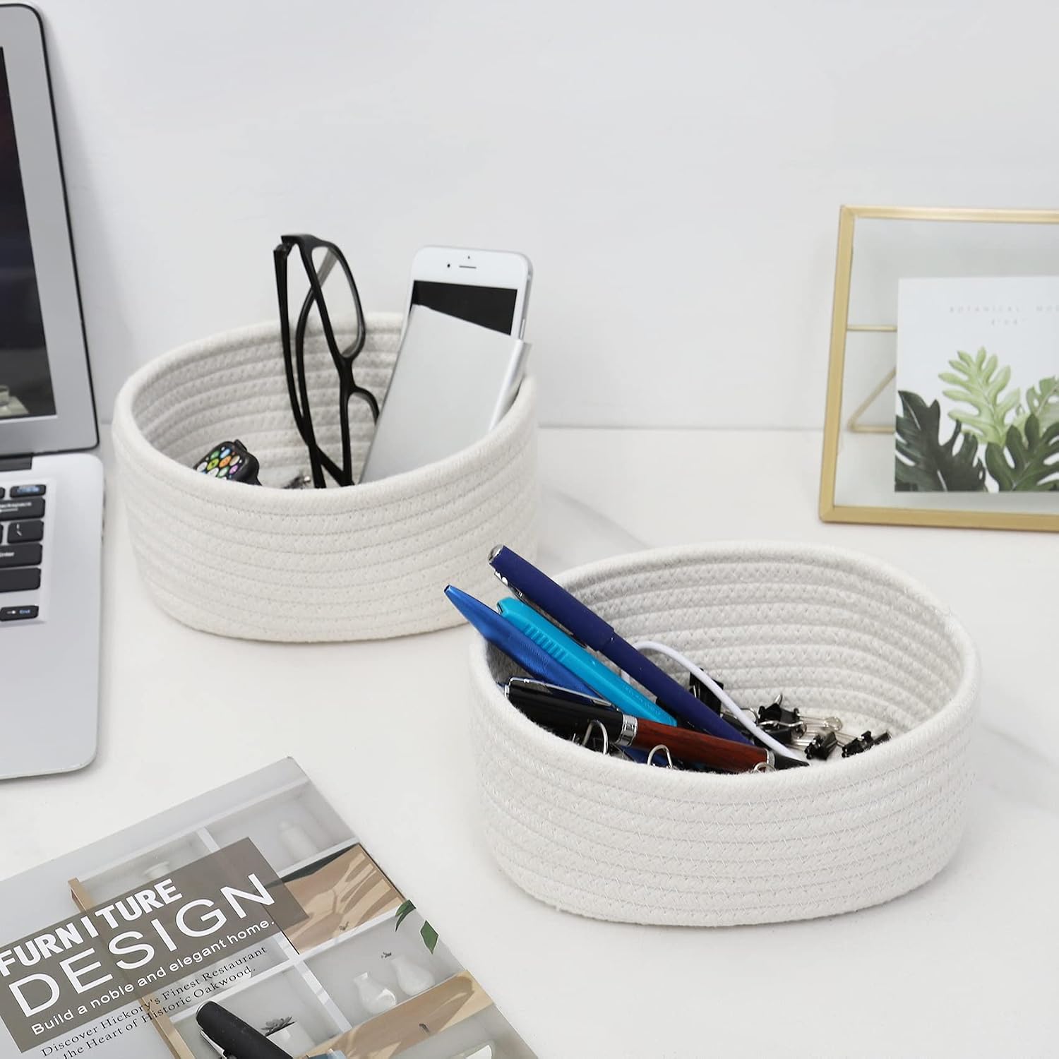 Natural Cotton Rope Woven Baskets for Organizing / White / Set of 2