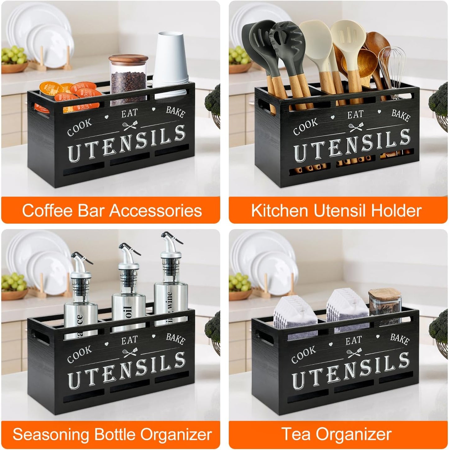 Large Black Wood Utensil Holder for Kitchen Decor Spoon Spatula Organizer | Wooden Cooking Utensils Holder for Kitchen