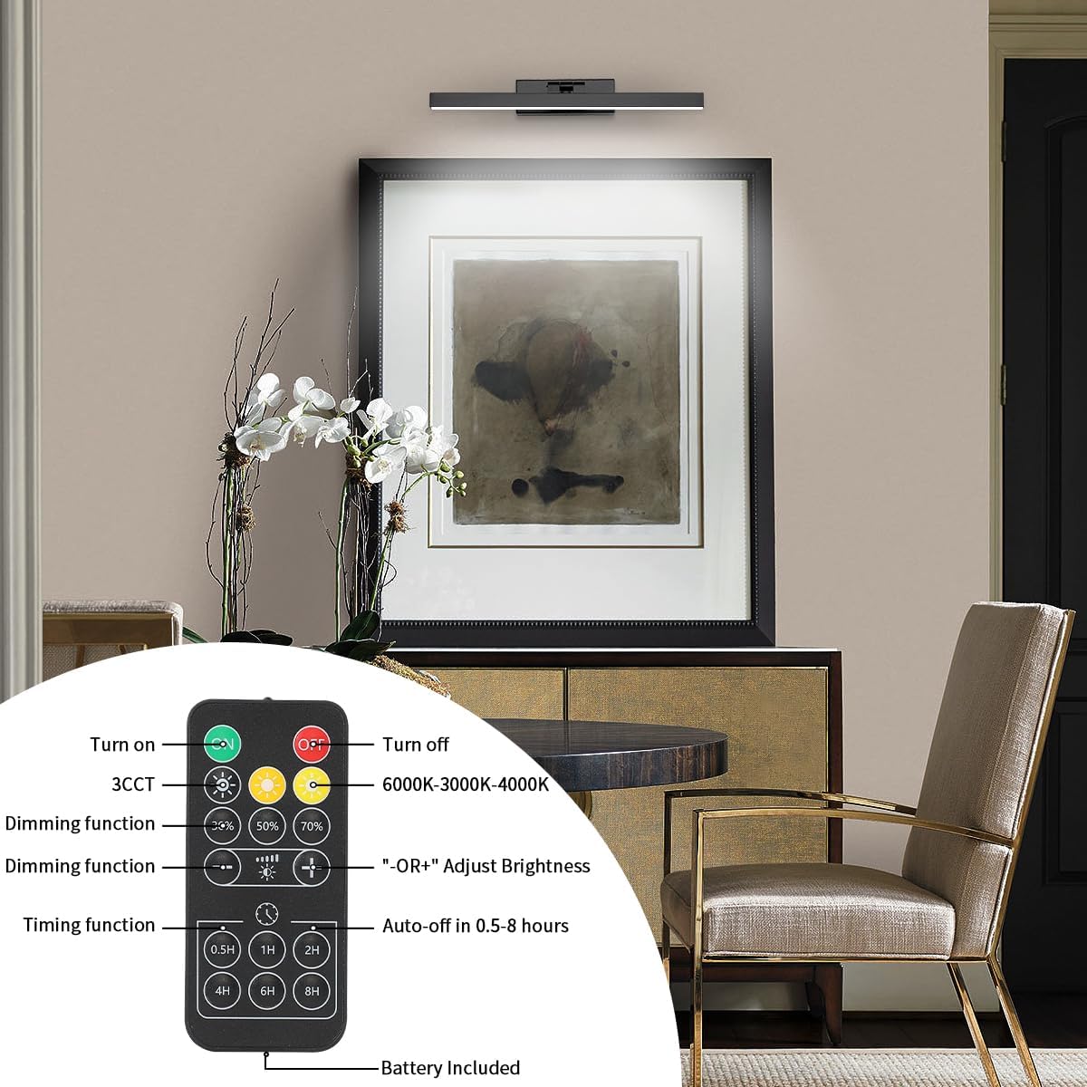 Joosenhouse Wireless Picture Light Battery Operated Gallery Light with Remote Control Rechargeable Wall Lights Black
