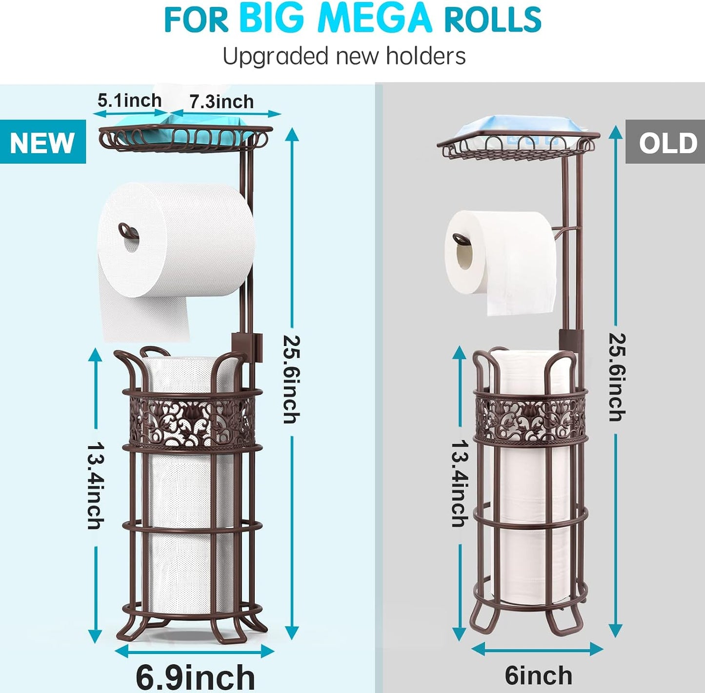 Upgraded Toilet Paper Holder Stand for Bathroom, Holds 3 Big Rolls of Jumbo Mega Paper, Top Shelf for Wipes Tissue