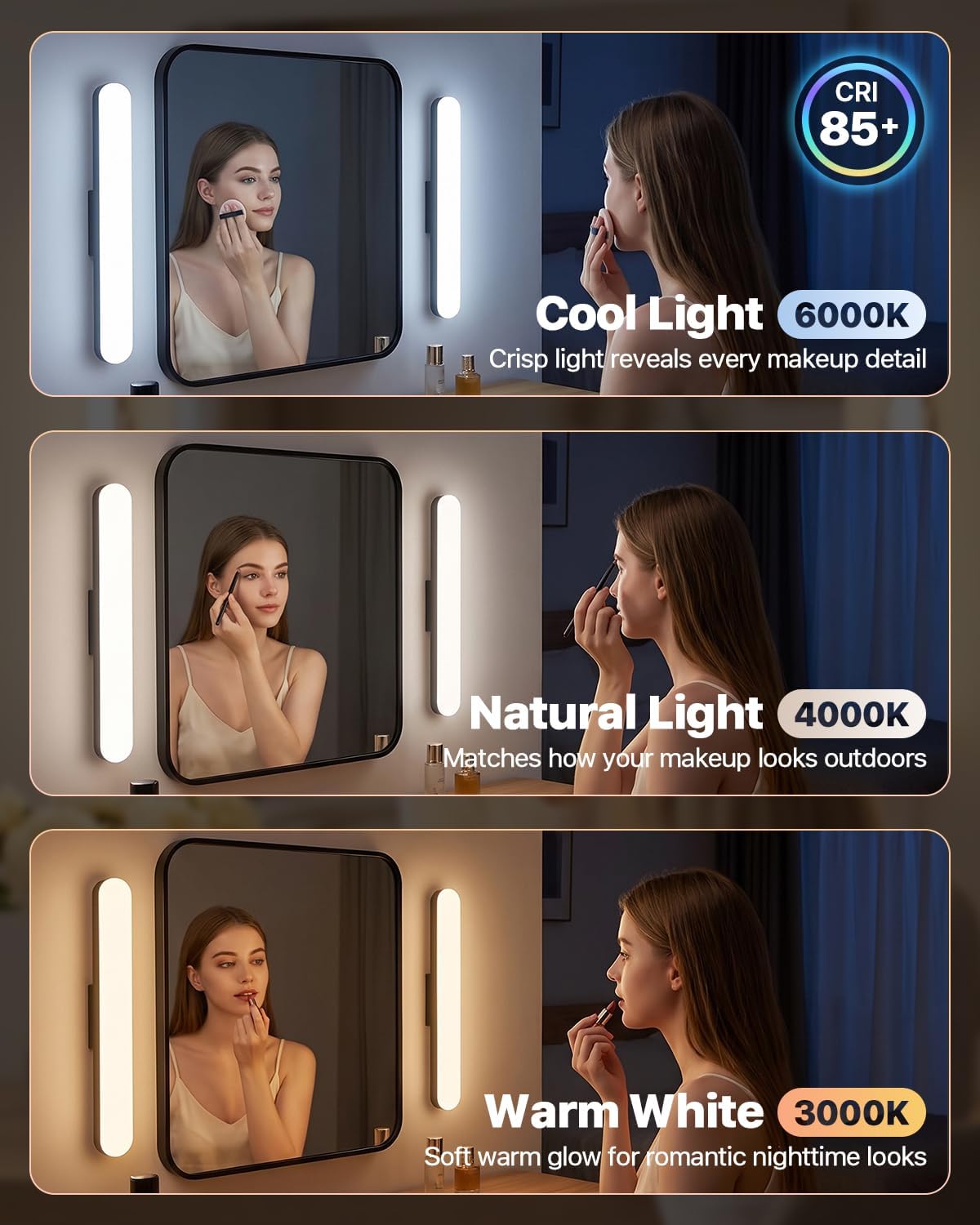 14" Rechargeable Vanity Light Bar, Mirror Lights with Remote Control,2 Pack | Stick-on, Dimmable, Eye-Friendly, 3