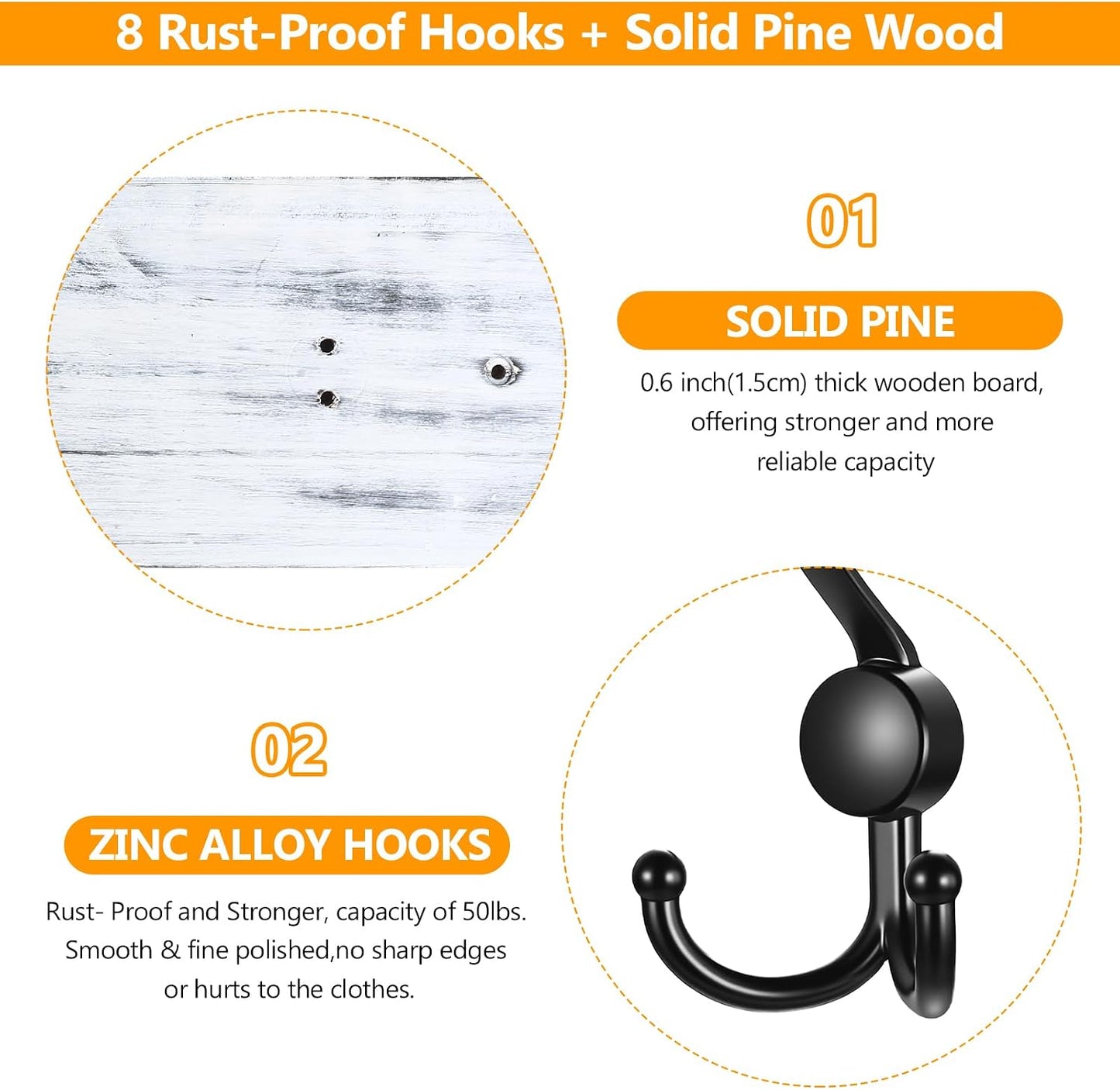 31.5" Large Coat Rack Wall Mount Coat Hooks with 8 Black Metal Triple Hooks, 1.4cm Thick Solid Pine Wood Wall Hooks for