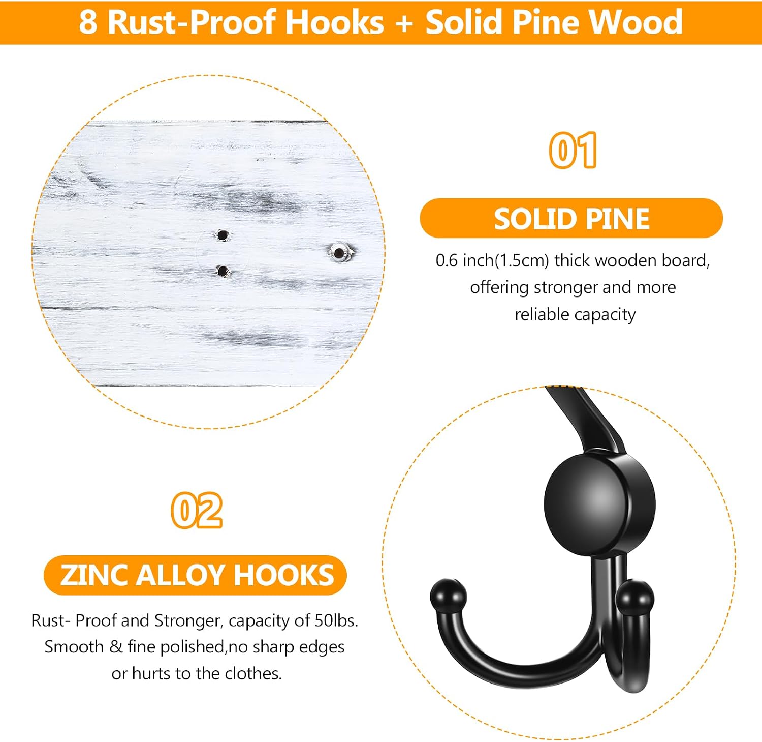 31.5" Large Coat Rack Wall Mount Coat Hooks with 8 Black Metal Triple Hooks, 1.4cm Thick Solid Pine Wood Wall Hooks for