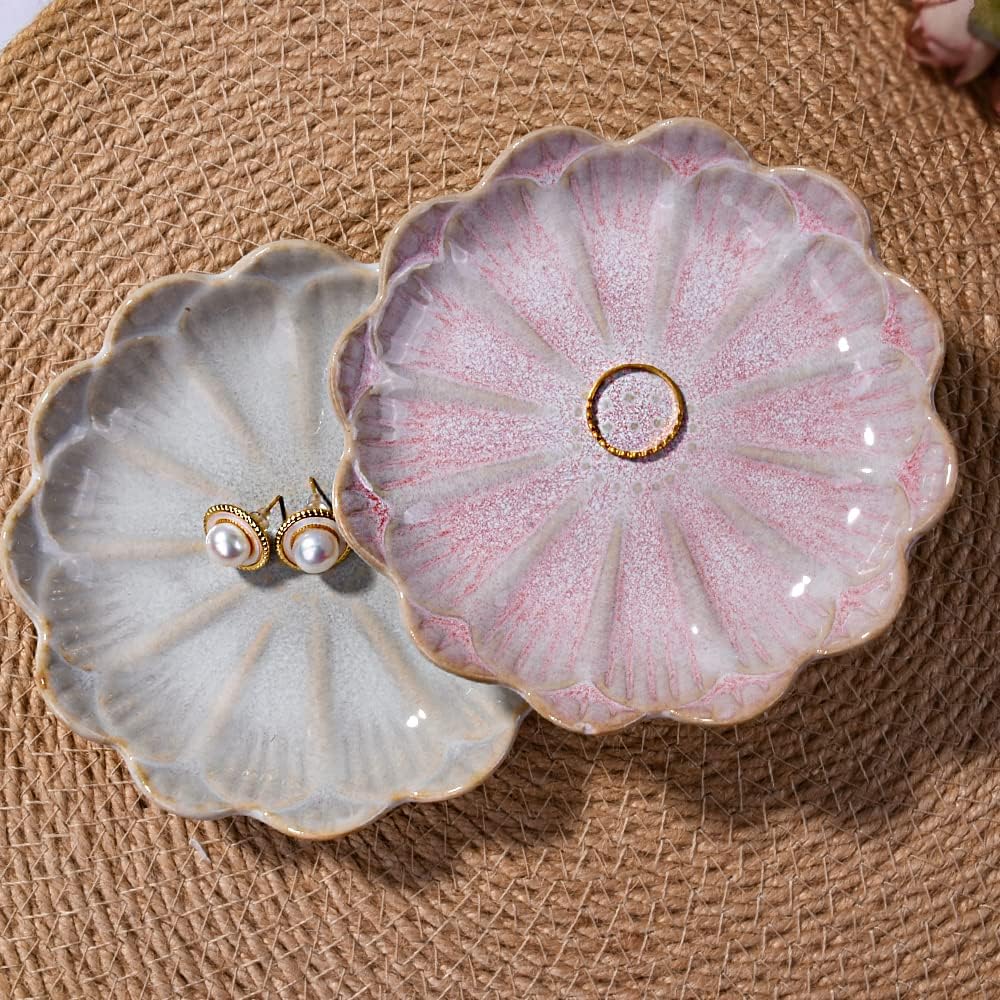 Ceramic Ring Dish Holder Jewelry Tray Trinket Dish Vintage Lotus Shaped / White and Pink / Set of 2