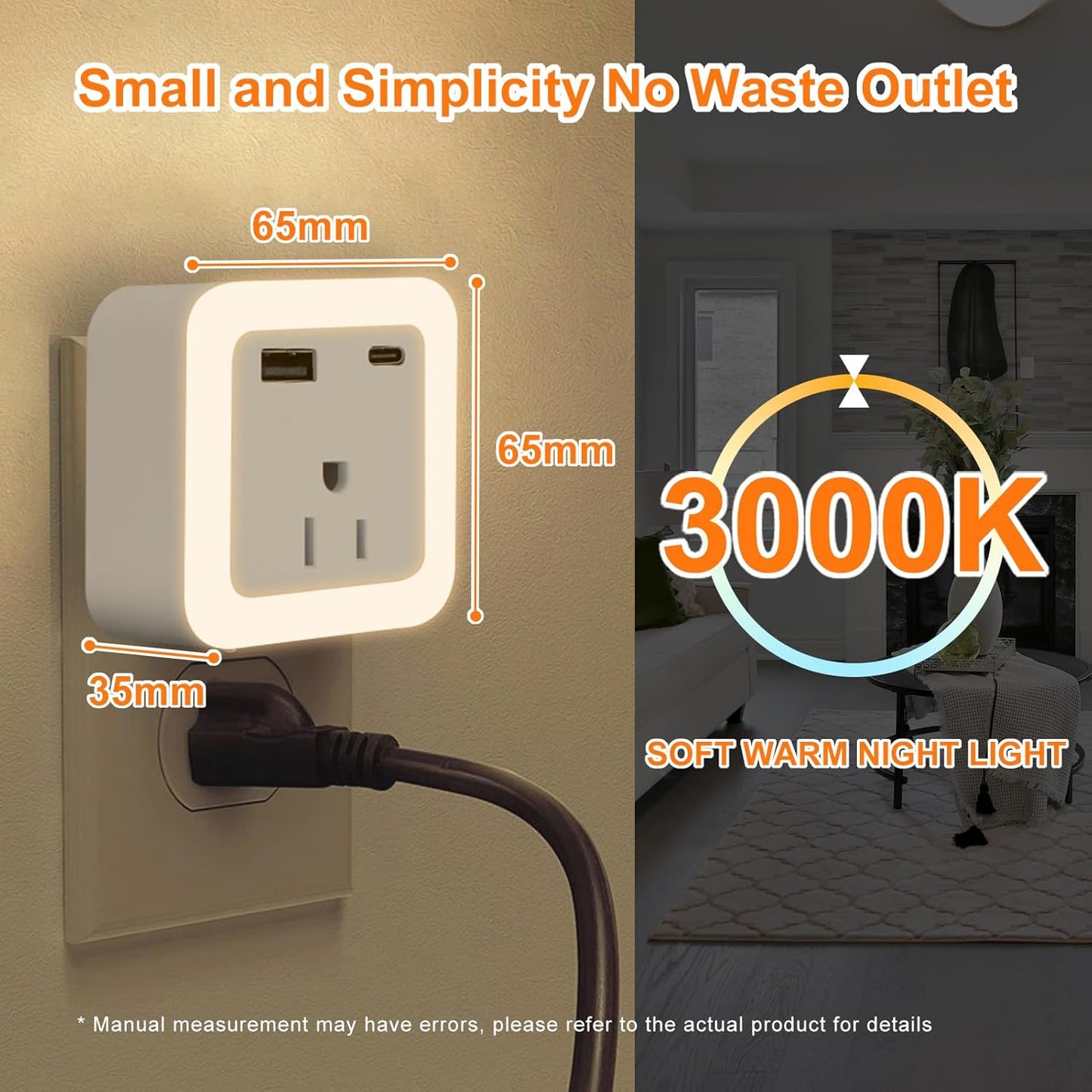 Night Lights Plug Into Wall 2 Pack Rechargeable Battery Backup Light | Dusk to Dawn Sensor Night Light with Outlet