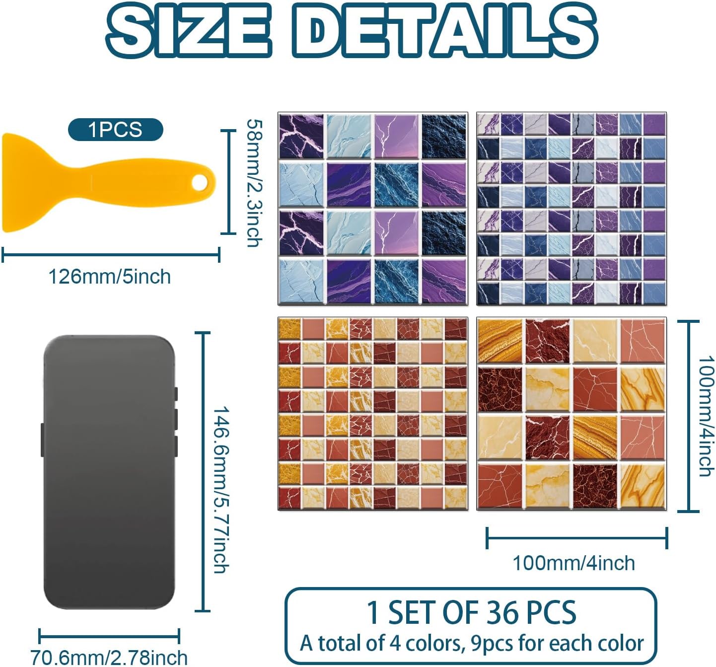 Peel and Stick Mosaic Tile Stickers Waterproof Self / Various Mosaic Style / 4 x 4 / Set of 36