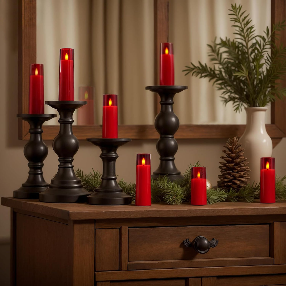 Homemory Red Flameless LED Pillar Candles, Remote Timer, 9 Pack | Battery operated flickering LED pillar c, les, dual