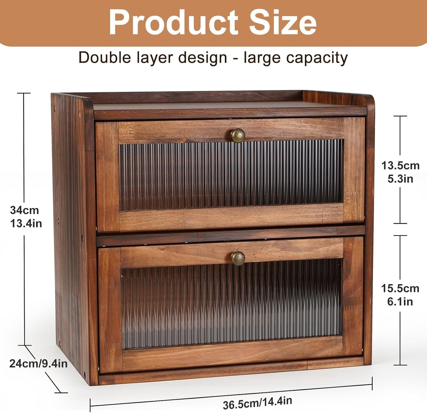 Ciilee Baby Bread Box for Kitchen Countertop, Large Wooden Breadbox, Brown | Vintage Double Layer Bread Bin with Air