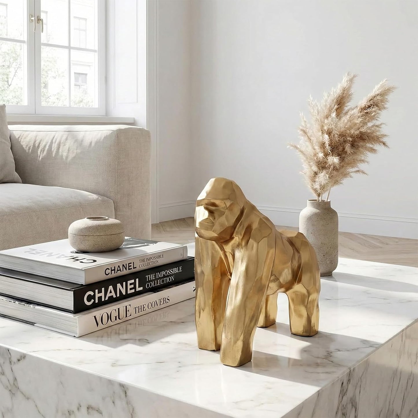 Golden Gorilla Statue / Abstract Art Resin Sculpture