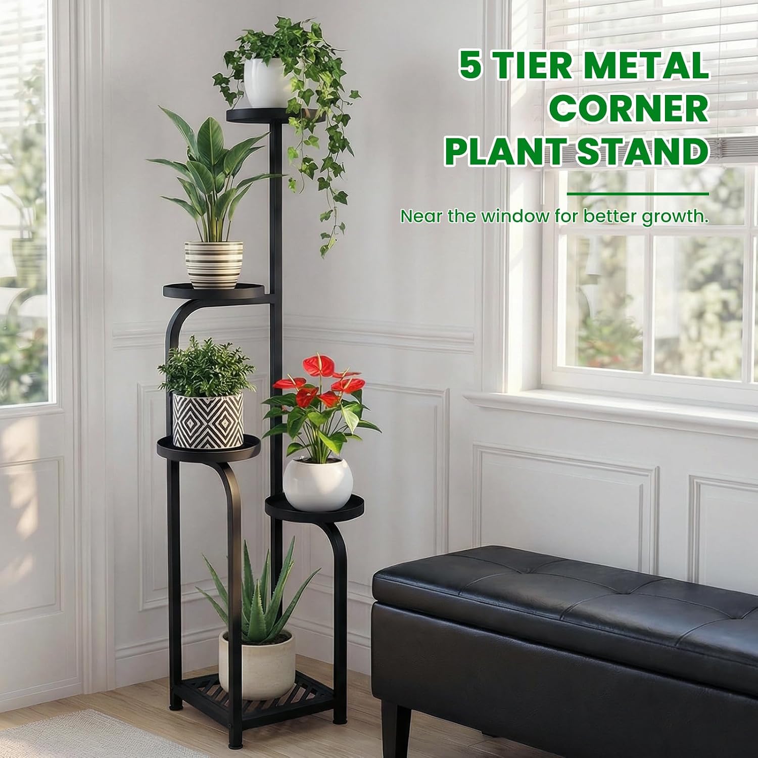 TOSKING 5-Tier Metal Plant Stand Indoor, Anti-Tip Corner Shelf, Black, 47in | Wide base and heavy-duty shelves hold