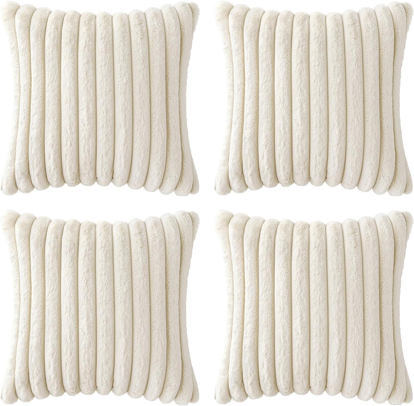 Faux Fur Plush Decorative Throw Pillow Covers / 18 x 18 / Cream White / Set of 4