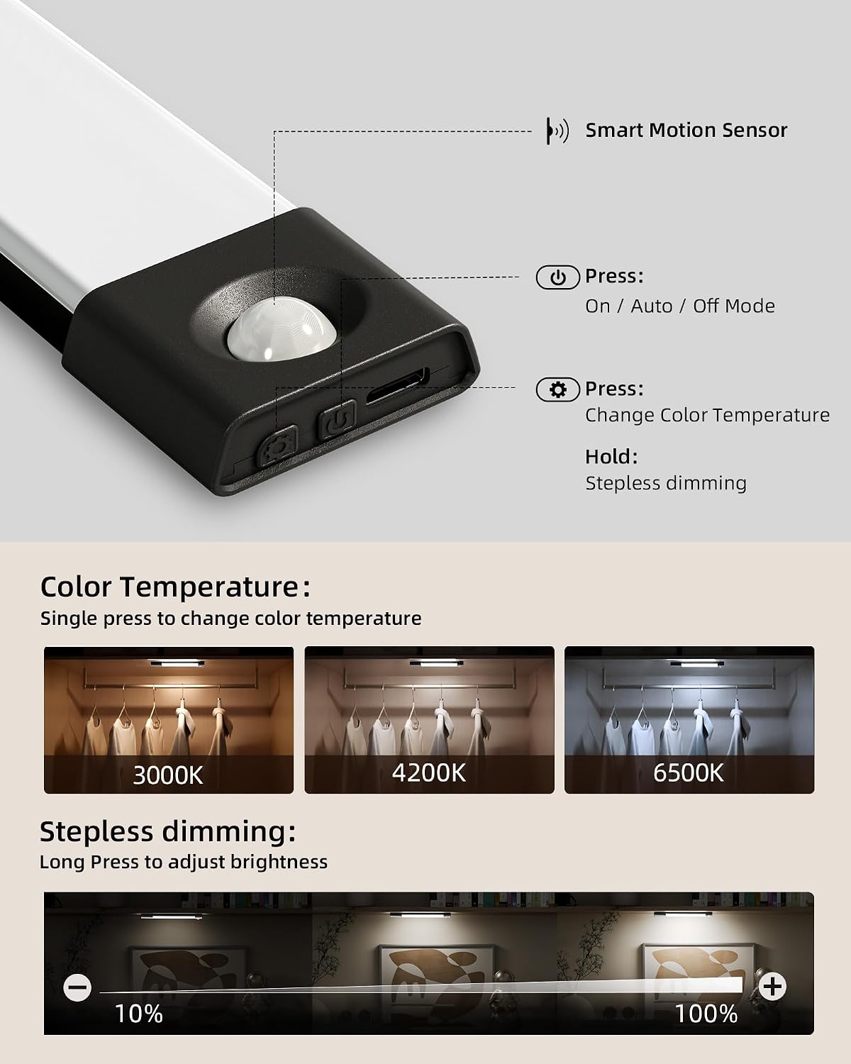 EZVALO Under Cabinet Lighting, Wireless Closet Lights, 50 LED Rechargeable Motion Sensor Light, Dimmable, 3 Color