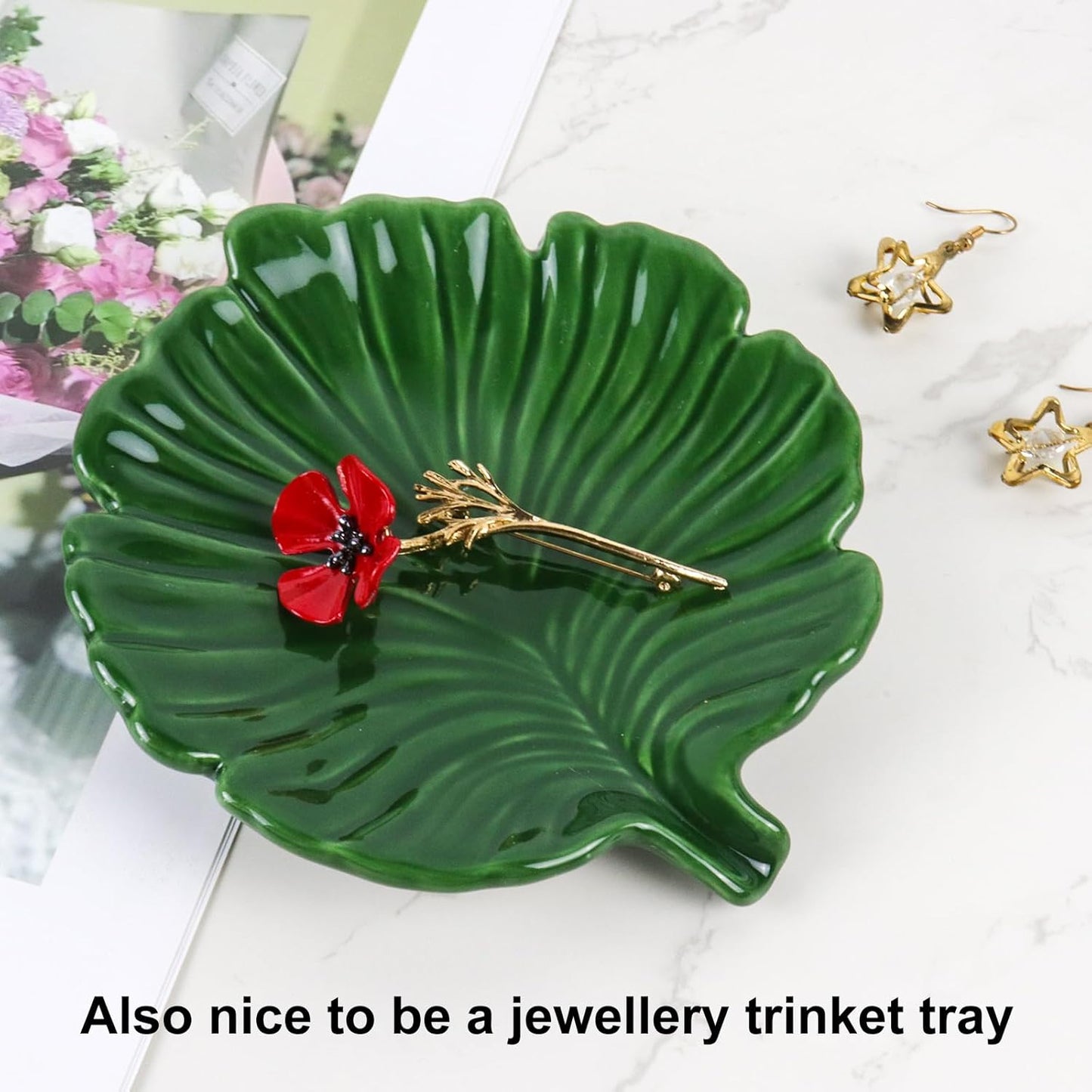 Ceramic Soap Dish Holder in Palm Leaf Style / Green