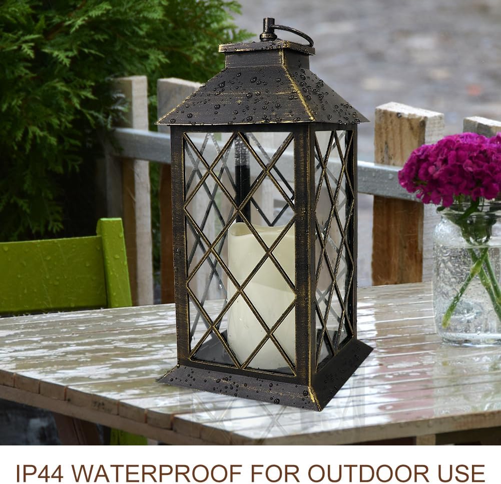 13.5" Outdoor Candle Lantern Decorative with LED Pillar Candle Battery Powered (Distressed Gold, 6hr Timer) - IP44