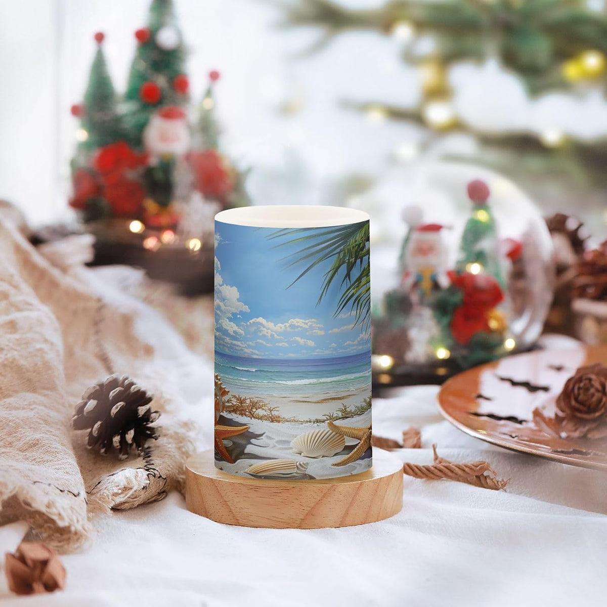 Flickering Flameless Candles, Starfish Seashell Beach Palm LED Candles with Remote Timer, Set of 2 Battery Operated