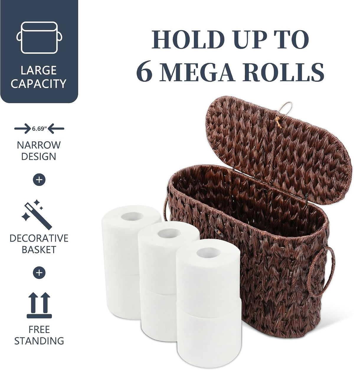 Coeusy Toilet Paper Basket with Lid, Wicker Basket for Bathroom Organizers and Storage, Holds Up to 6 Mega Rolls