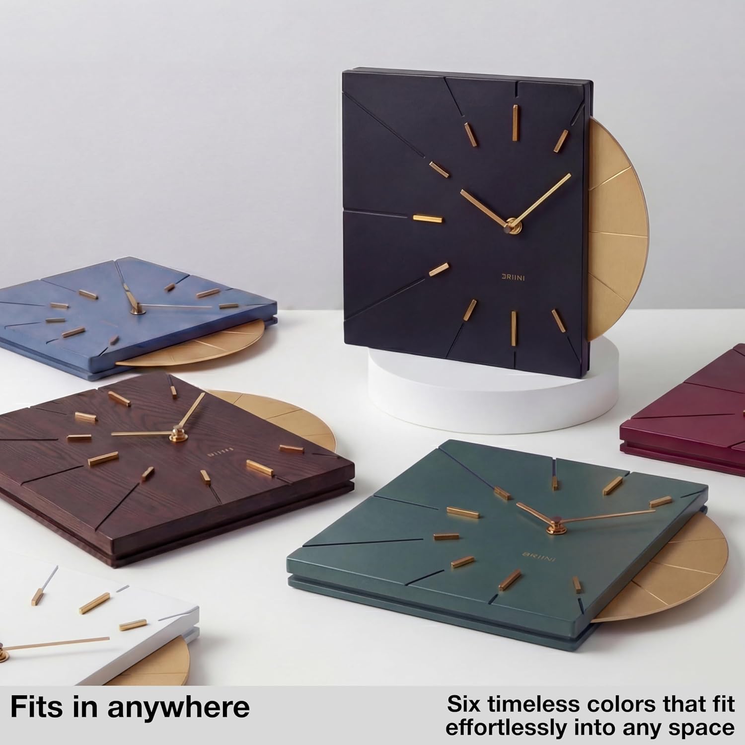 Driini Clocks Mid Century Modern Wall Clock - Square Black Clock with Decorative Gold Accent- Unique and Cool Clock