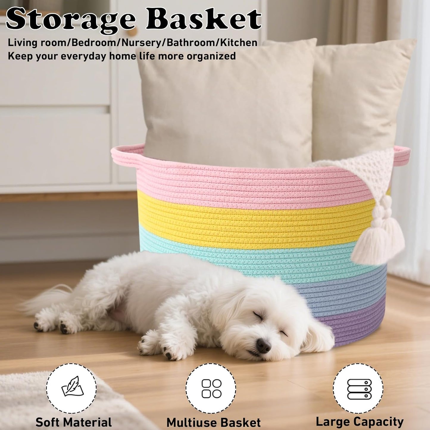 Woven Rope Laundry Basket Hamper / Colorful / 19.7"L x 19.7"W x 13"H