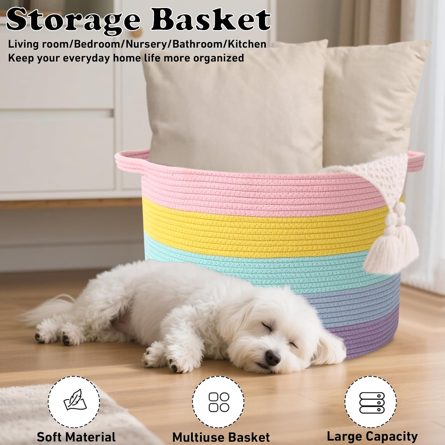 Woven Rope Laundry Basket Hamper / Colorful / 19.7"L x 19.7"W x 13"H