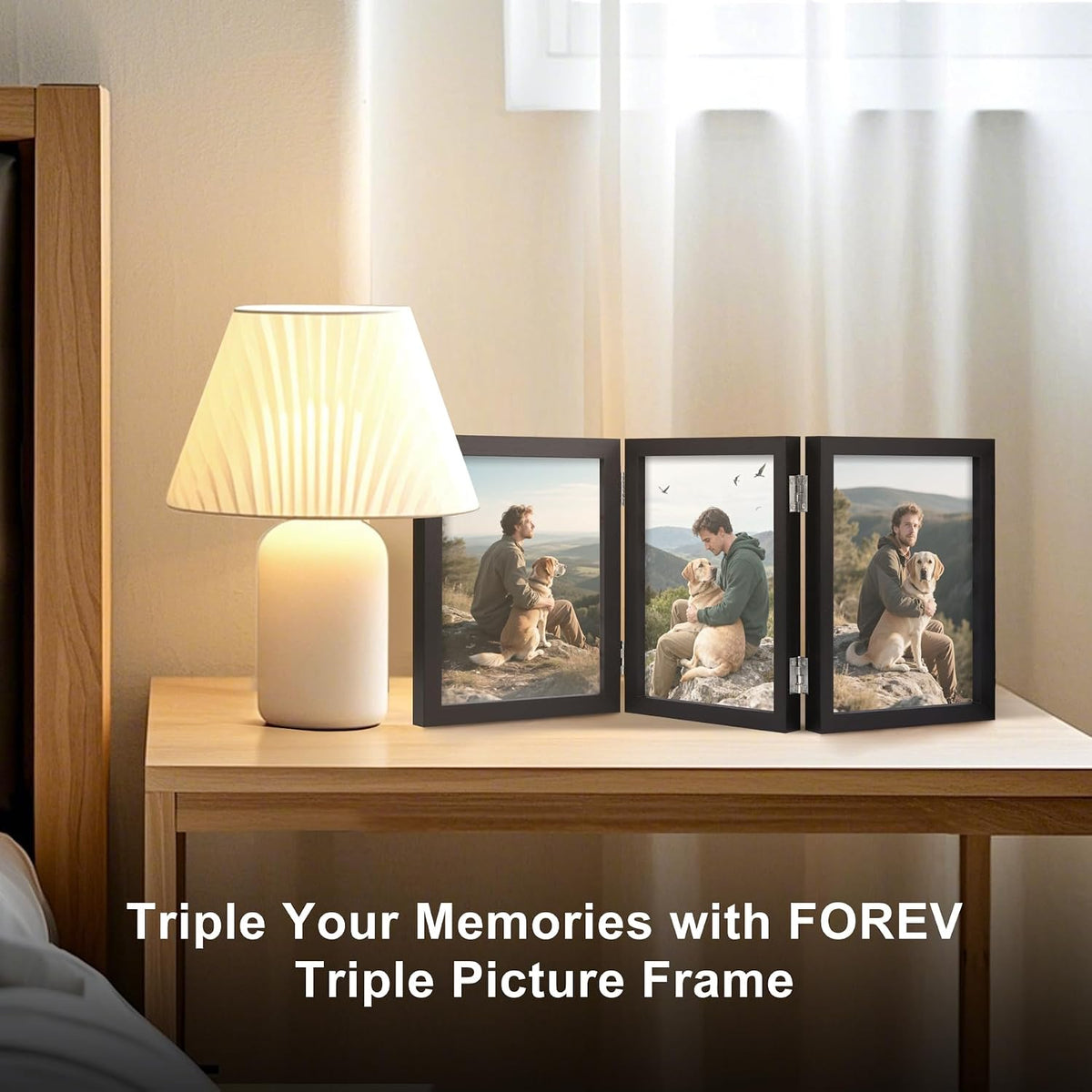 TOFOREVO 5x7 3 Picture Frame Triple Wooden Three Hinged Photo Frame Definition Glass Stand Vertically on Desktop or