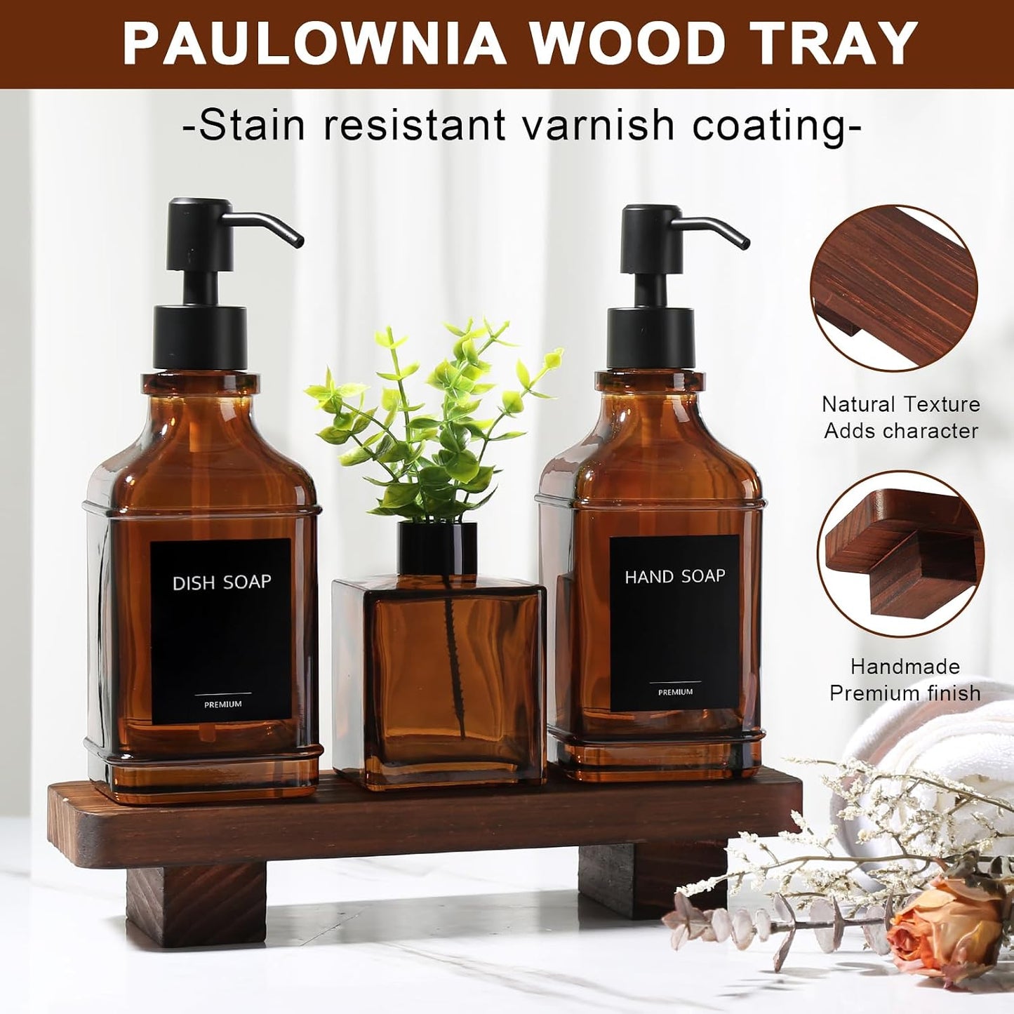 Wood Tray / Modern Kitchen Soap Dispenser Set / Amber