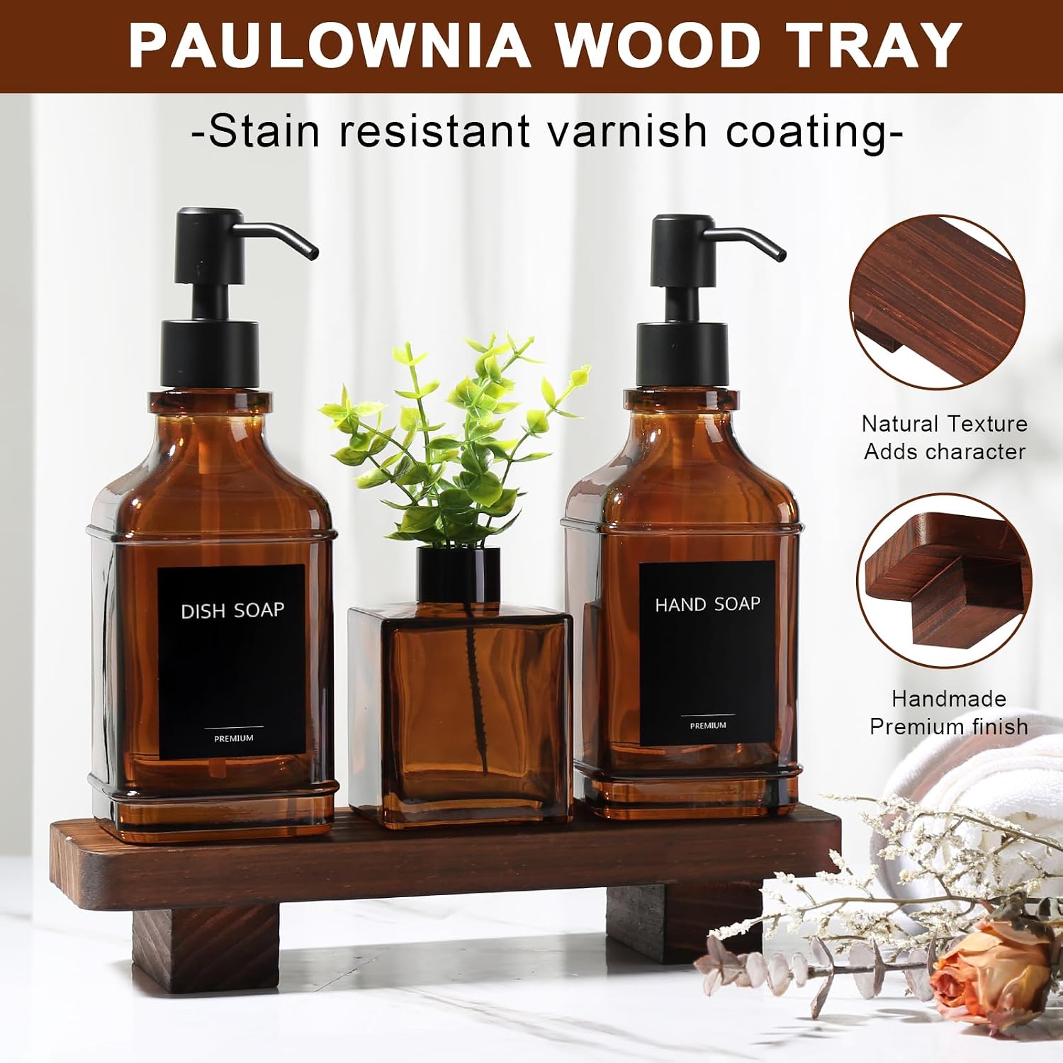 Wood Tray / Modern Kitchen Soap Dispenser Set / Amber