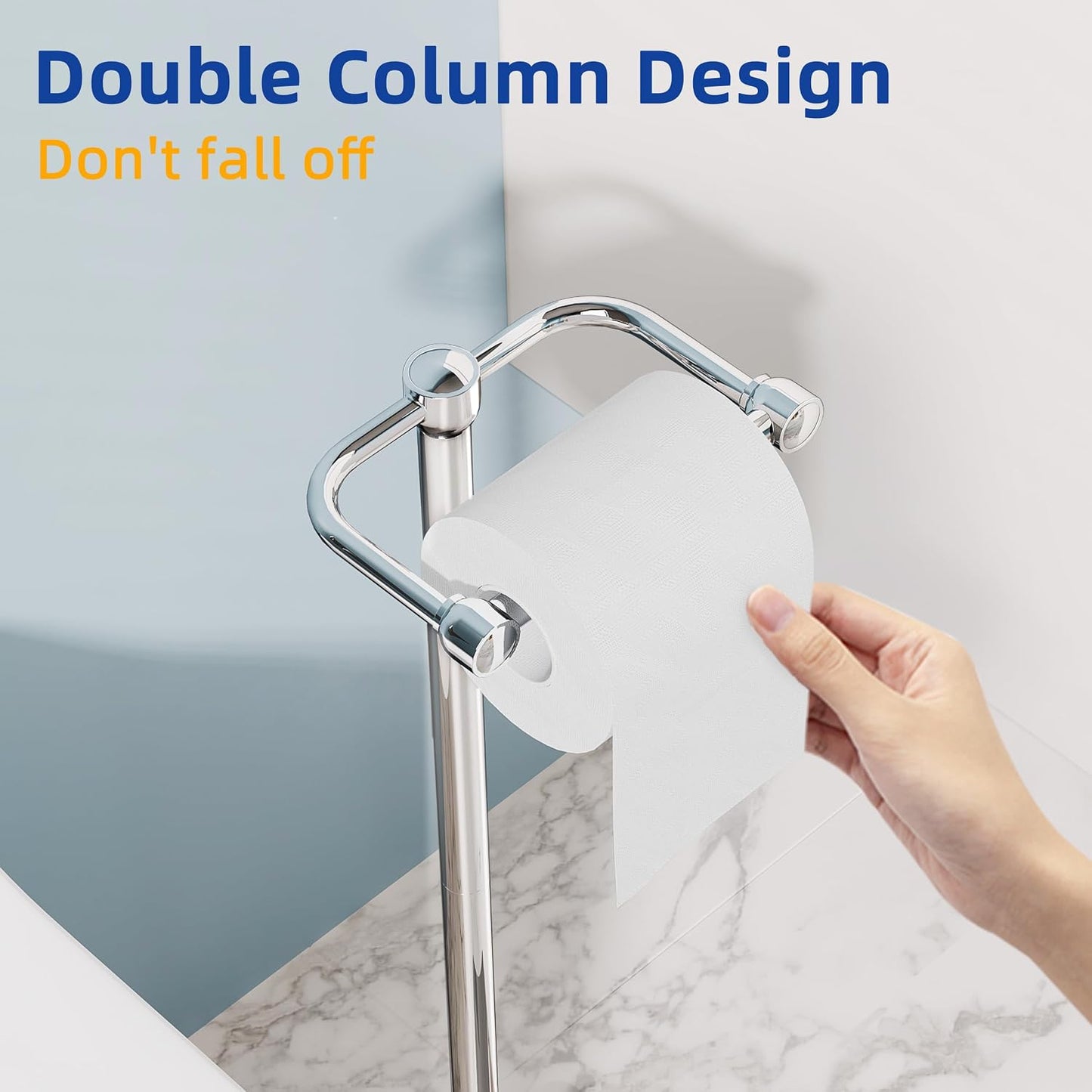 RUACQ Bathroom Toilet Paper Holder Stand, Chrome | Dual-Post Pivoting Free Standing Toilet Roll Holder with Weighted