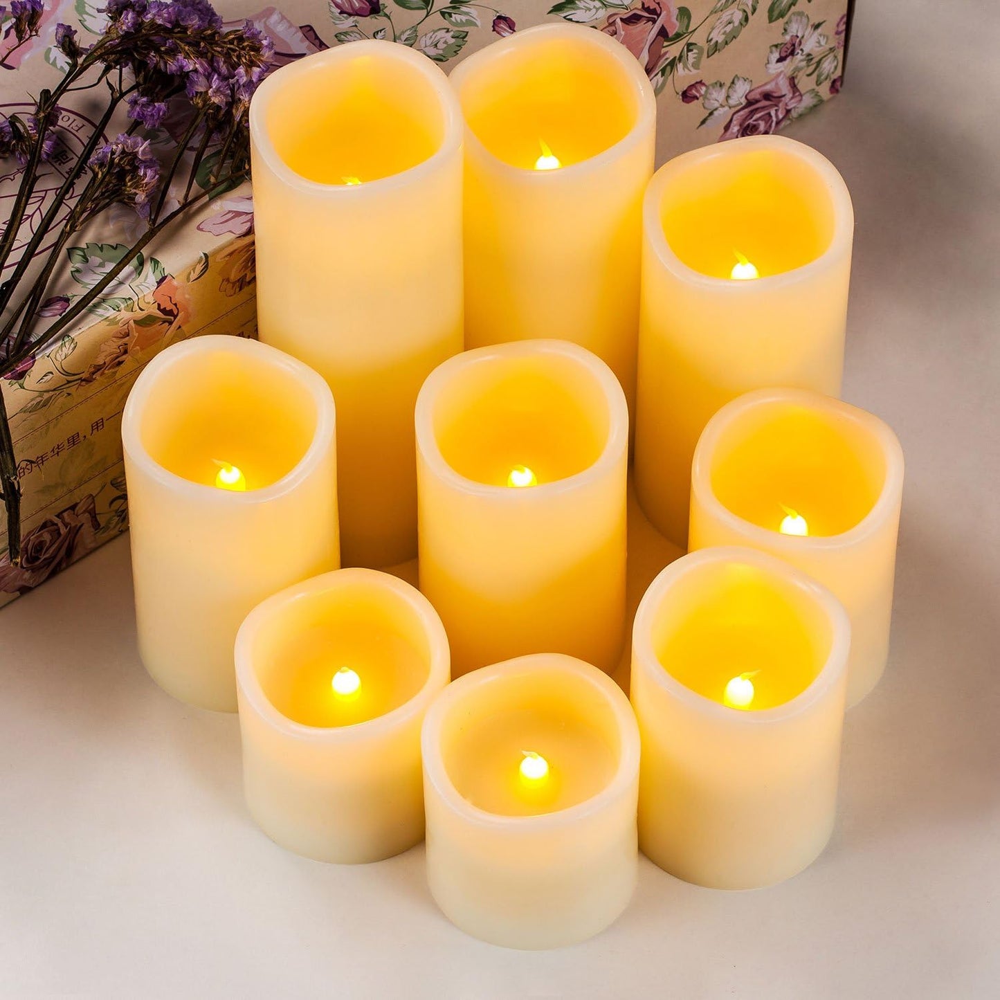 RY King Large Flameless Candle Set of 9 (D 3" x H 3", 3", 4", 4", 5", 5", 6", 7", 8") Battery Operated LED Pillar Real